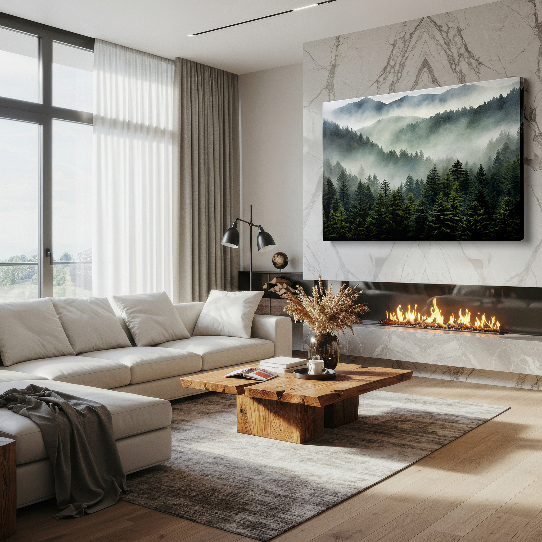 Set in a minimalist interior with textured walls and soft rugs — misty mountains shrouded in ethereal fog - tranquil, mysterious landscape large wall art, canvas wall art, wall decor for office