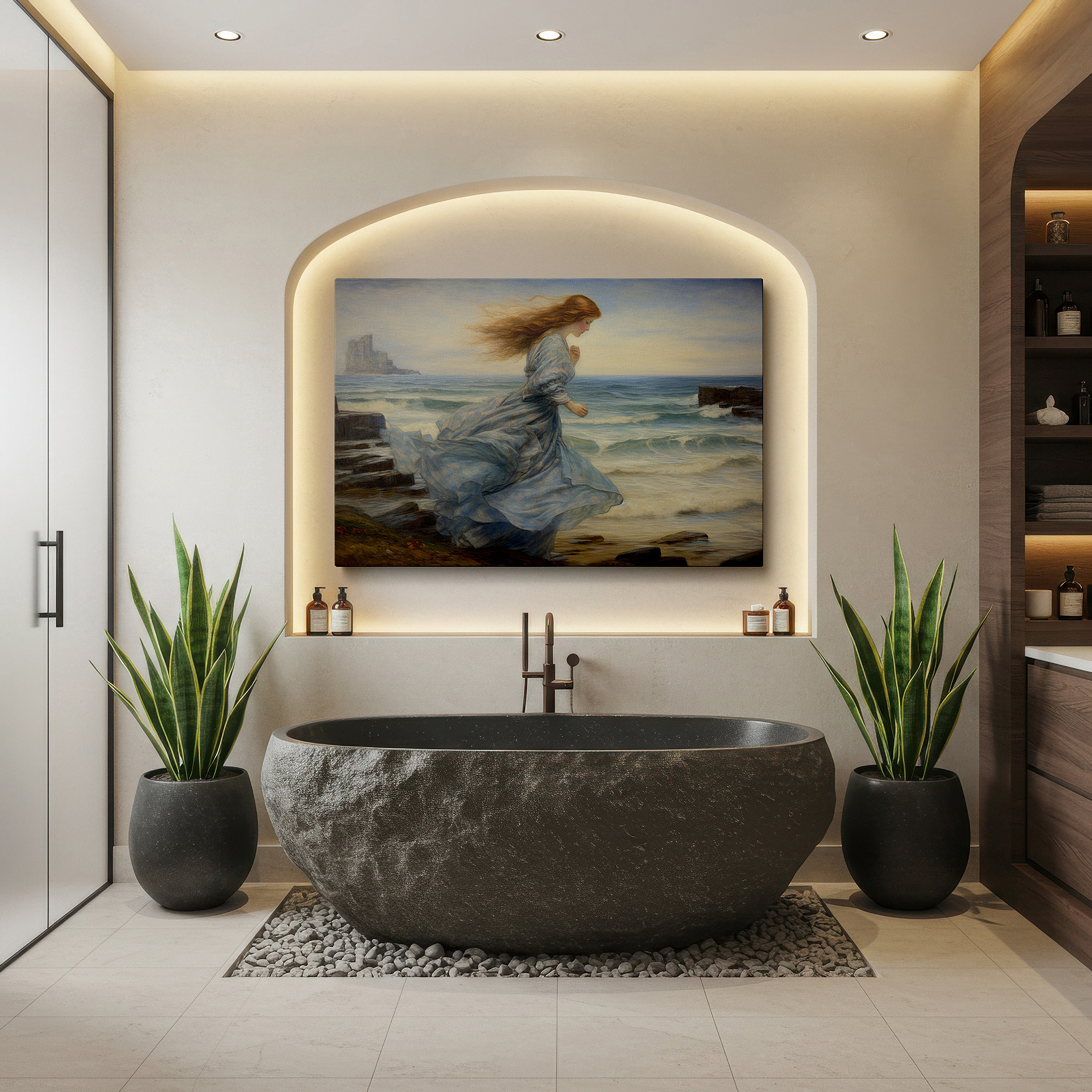 Set in a minimalist interior with textured walls and soft rugs — misty seascape sprint: waves and romance symphony large wall art, canvas decor for office