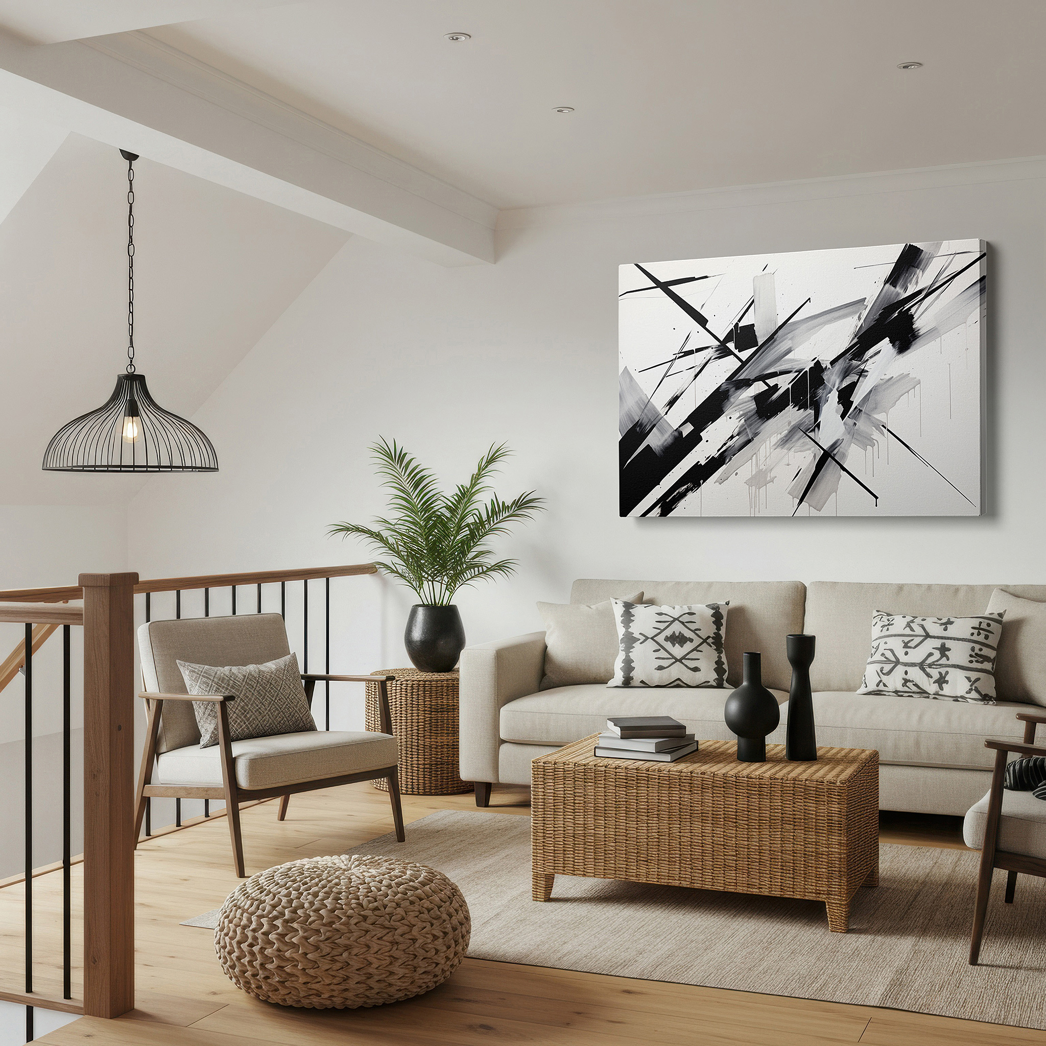 Set in a minimalist interior with textured walls and soft rugs — modern black and white abstract canvas art: a play of light and shadow for contemporary spaces, large wall decor