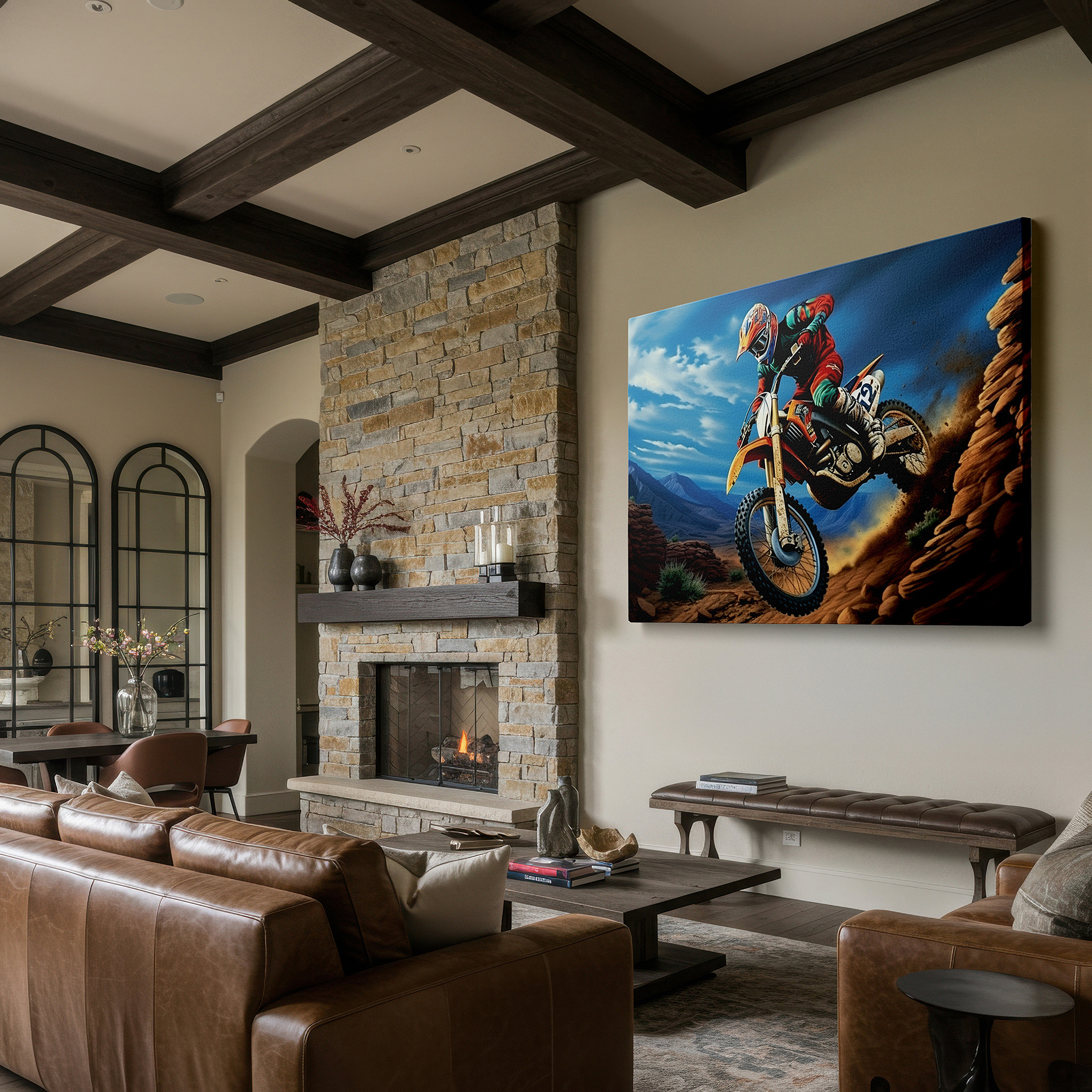 Set in a minimalist interior with textured walls and soft rugs — motocross racing excitement frozen mid-air over tough terrain - large wall art, canvas, decor for office and bedroom