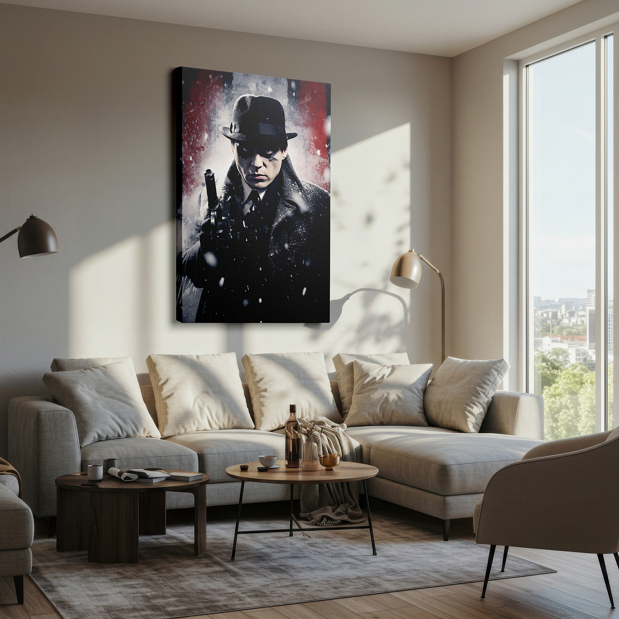 Set in a minimalist interior with textured walls and soft rugs — mysterious dark figure in snow: a captivating story of intrigue and suspense - large canvas wall art for home and office decor