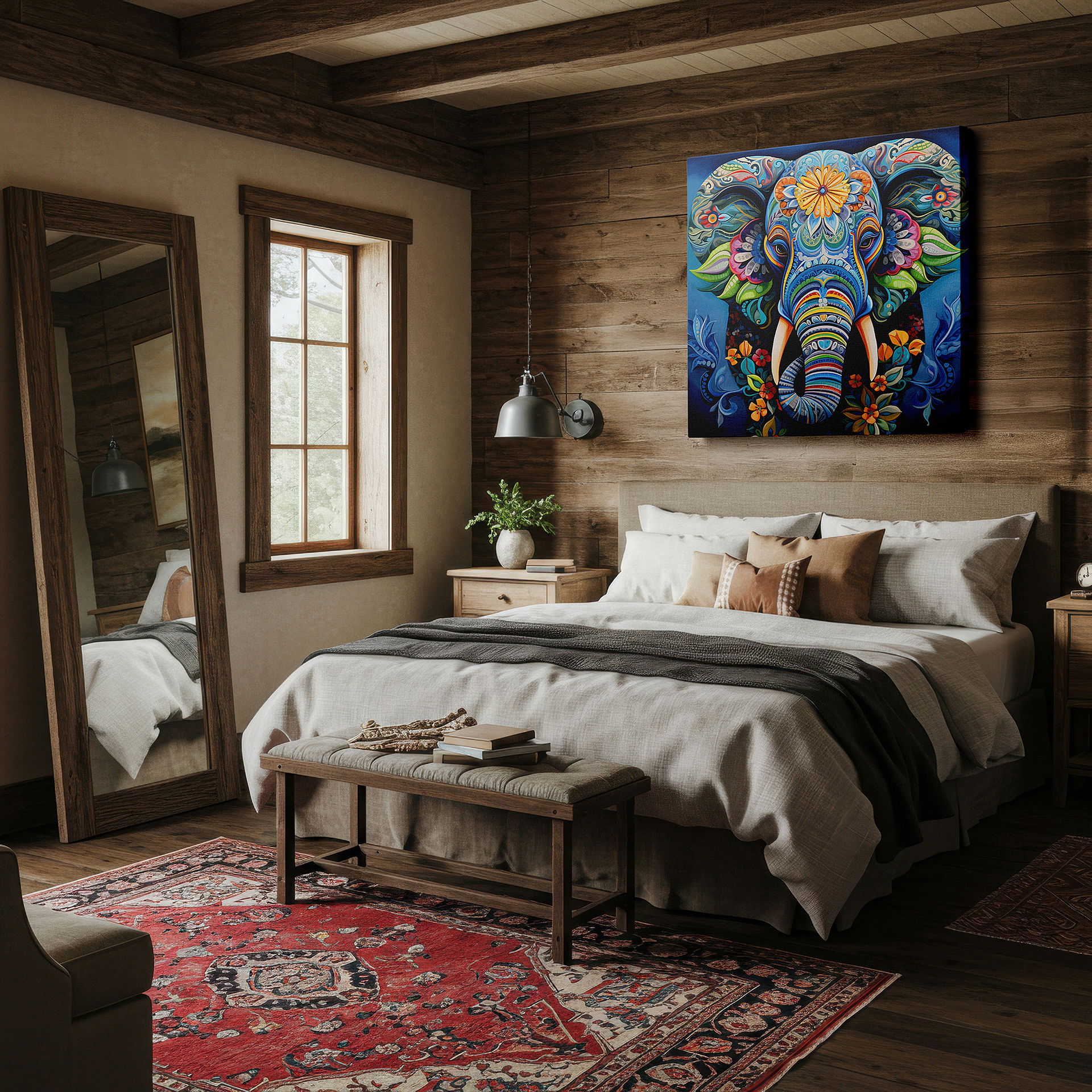 Set in a minimalist interior with textured walls and soft rugs — mystical blue elephant wall art featuring floral and spiral