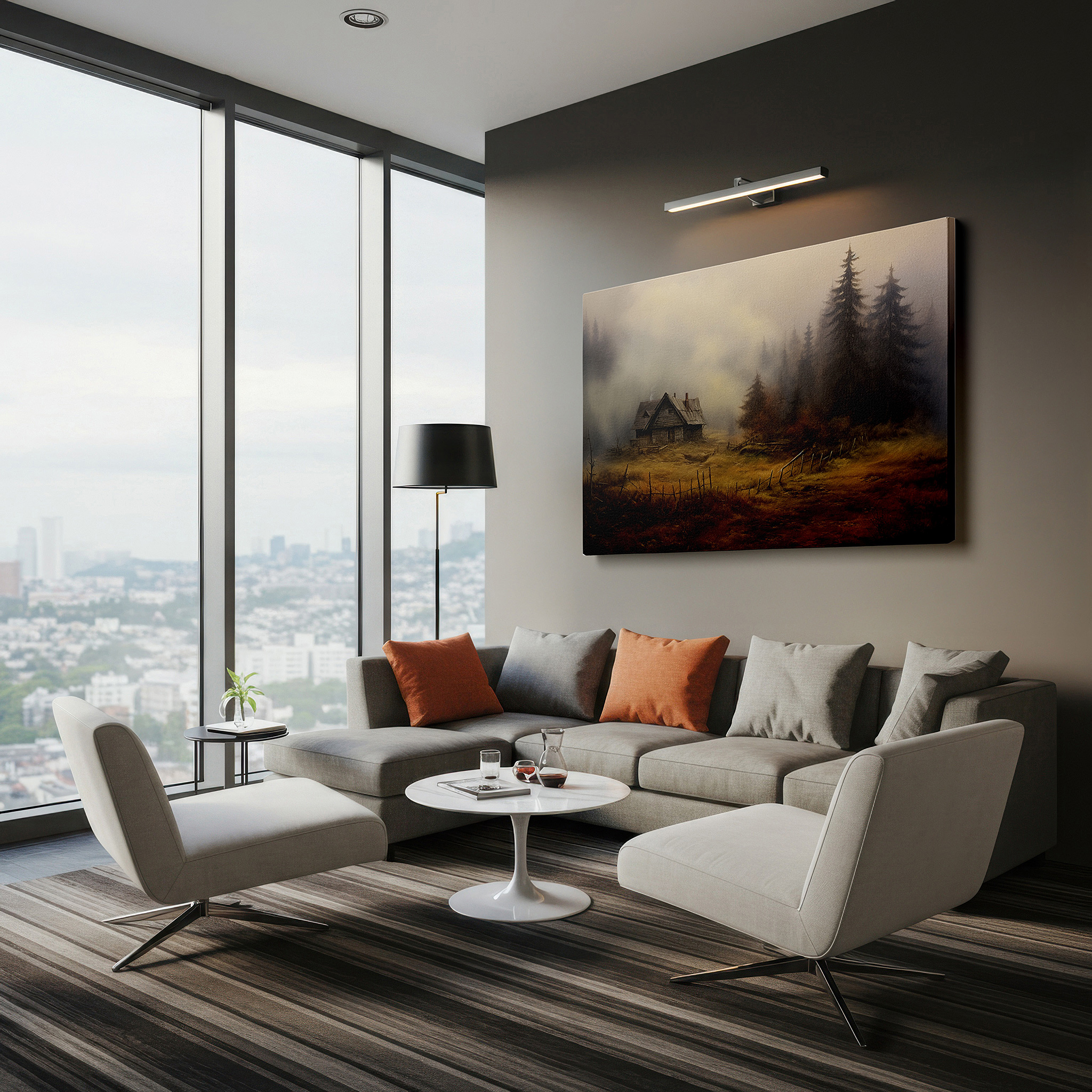 Set in a minimalist interior with textured walls and soft rugs — mystical dwelling surrounded by mist and woods: a timeless tale of nature's reclamation - large wall art, canvas wall art, wall decor for office