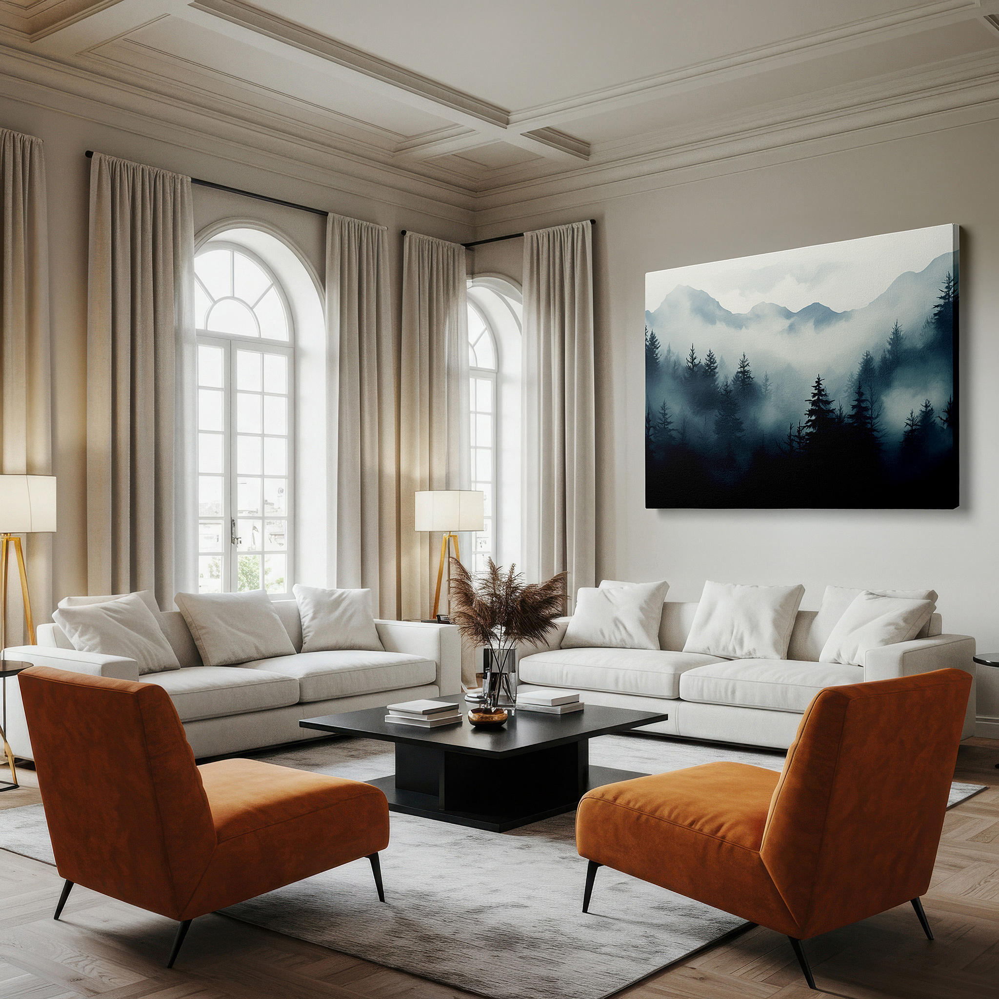 Set in a minimalist interior with textured walls and soft rugs — mystical mountain fog - gateway to wild natural beauty and secrets large wall art, canvas wall art, wall decor, office wall art, bedroom wall art