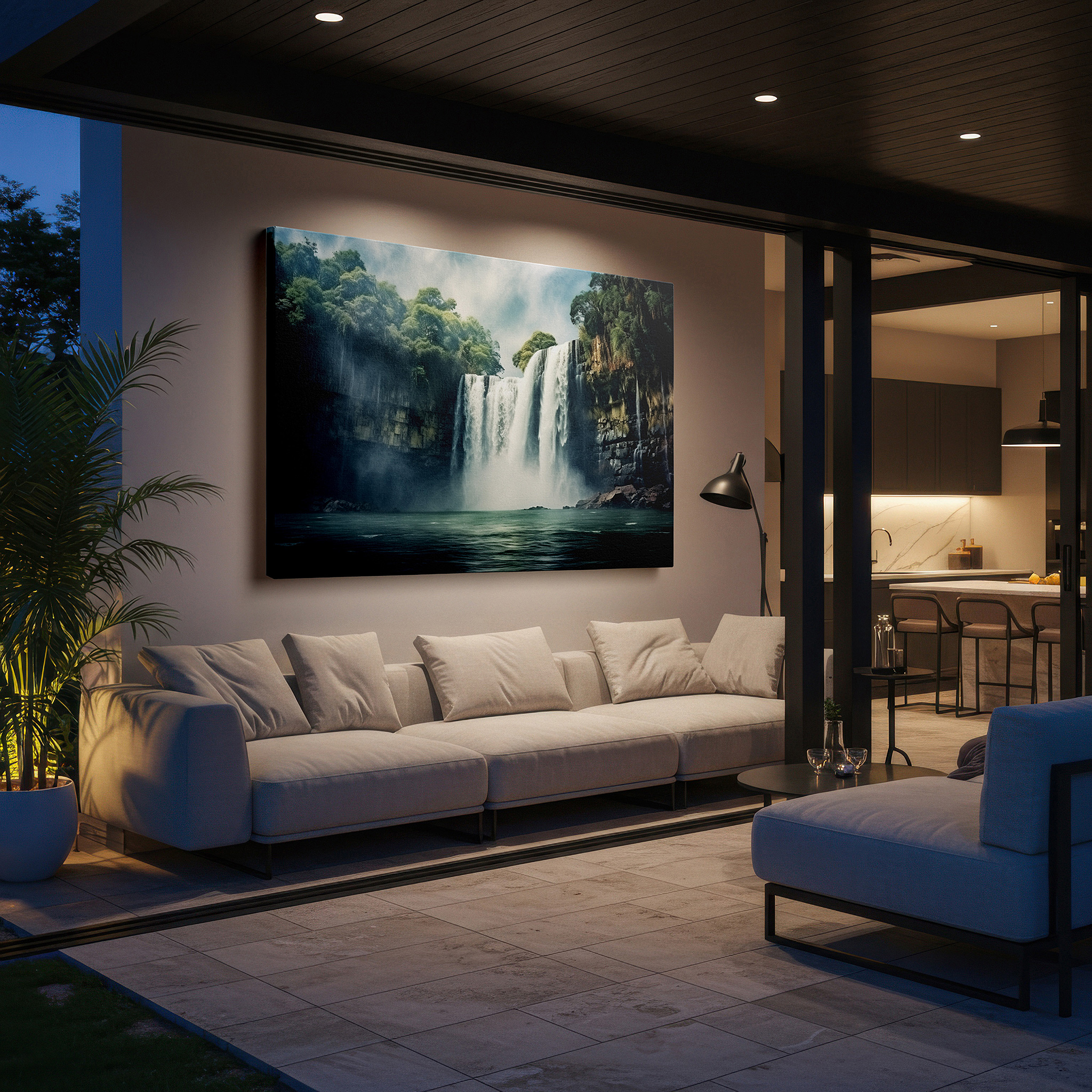 Set in a minimalist interior with textured walls and soft rugs — mystical waterfall in mist - serene nature sanctuary timeless beauty large wall art, canvas wall art, wall decor for office and bedroom