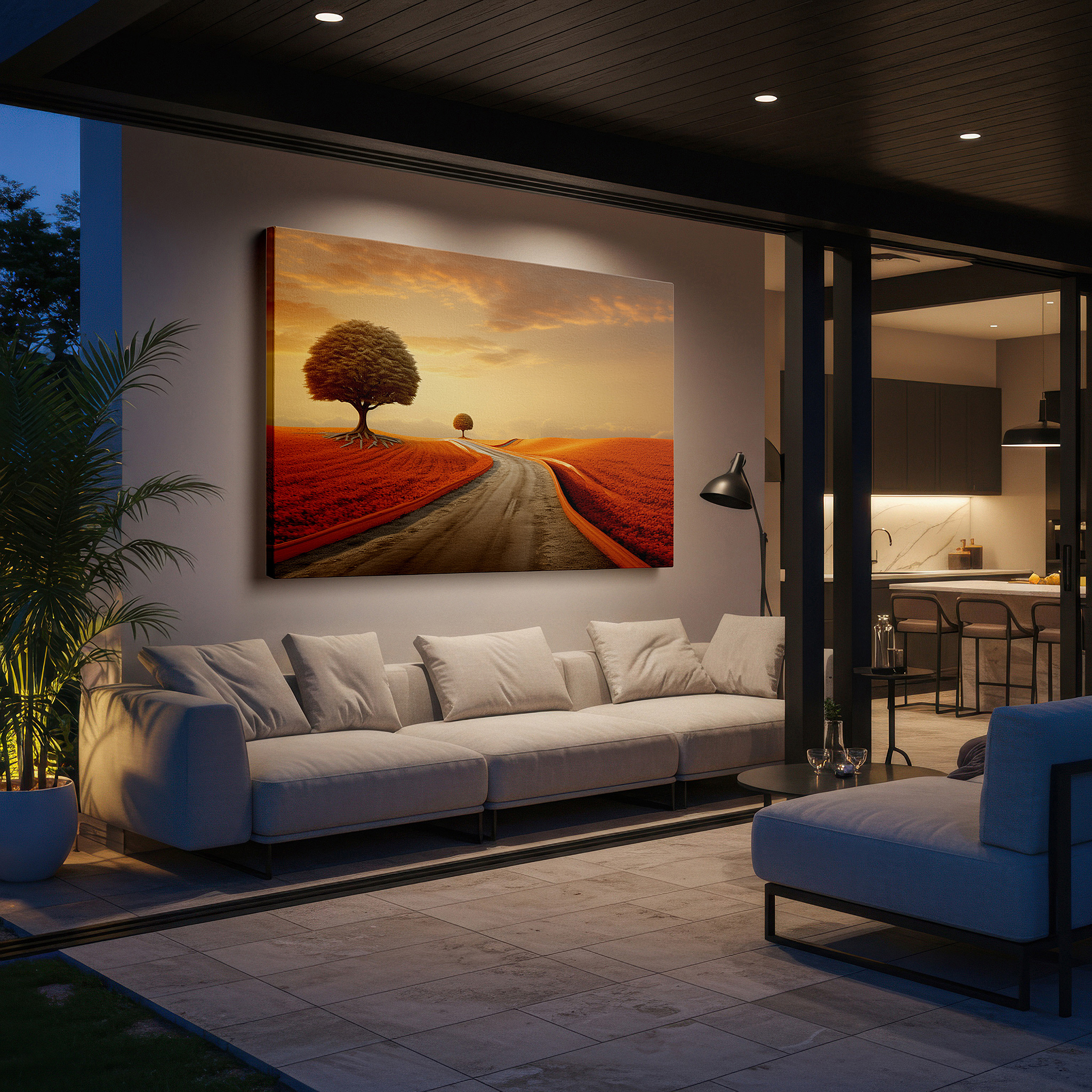 Set in a minimalist interior with textured walls and soft rugs — nature's palette journey - sunset glow on a winding road large canvas wall art for home and office decor