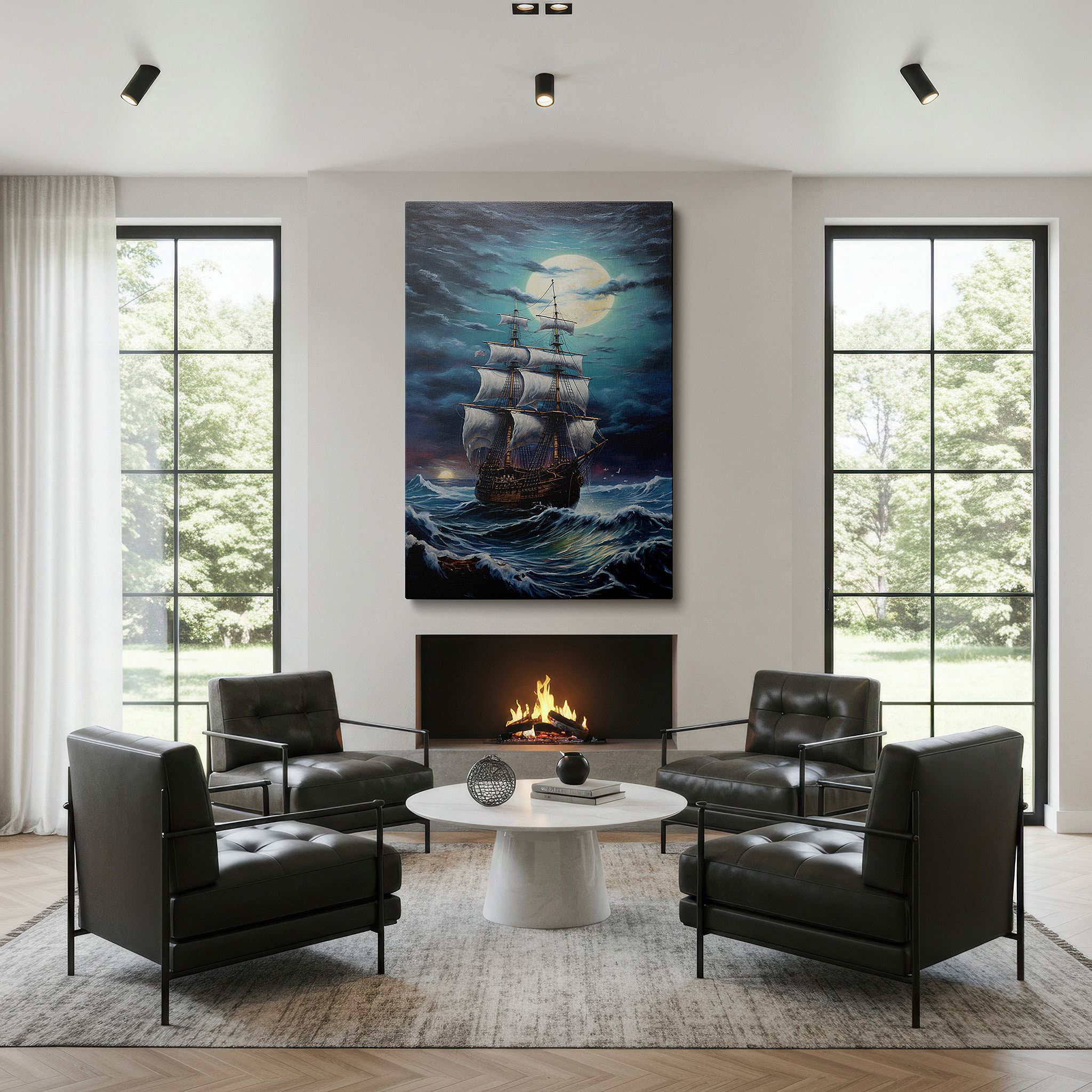 Set in a minimalist interior with textured walls and soft rugs — navigating stormy seas under a radiant moon - a vision of nautical resilience and mystical light: large canvas wall art for office decor
