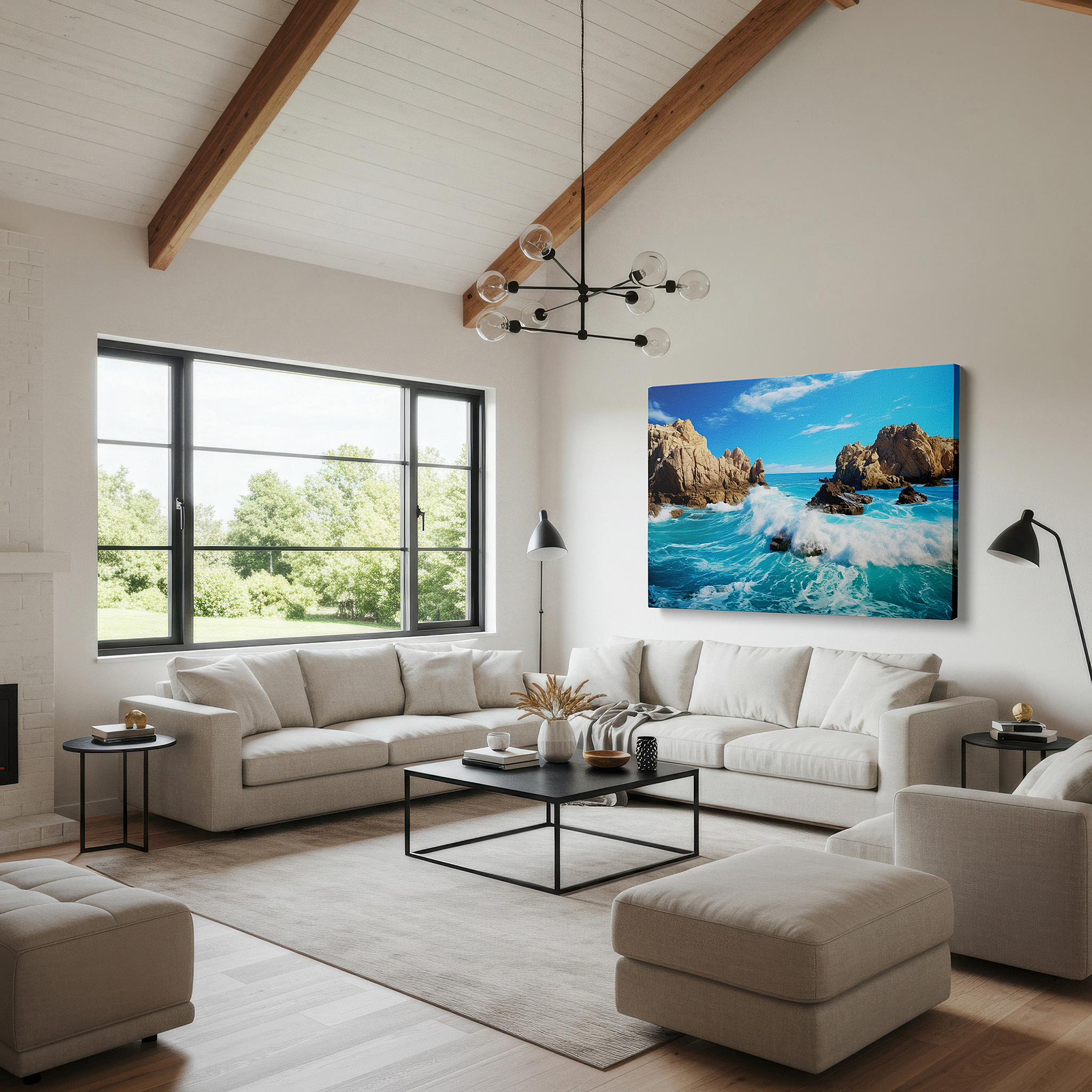 Set in a minimalist interior with textured walls and soft rugs — ocean's fury and stoic rocks: a stunning exhibition of nature's strength and elegance - large wall art, canvas wall art, wall decor for office and bedroom