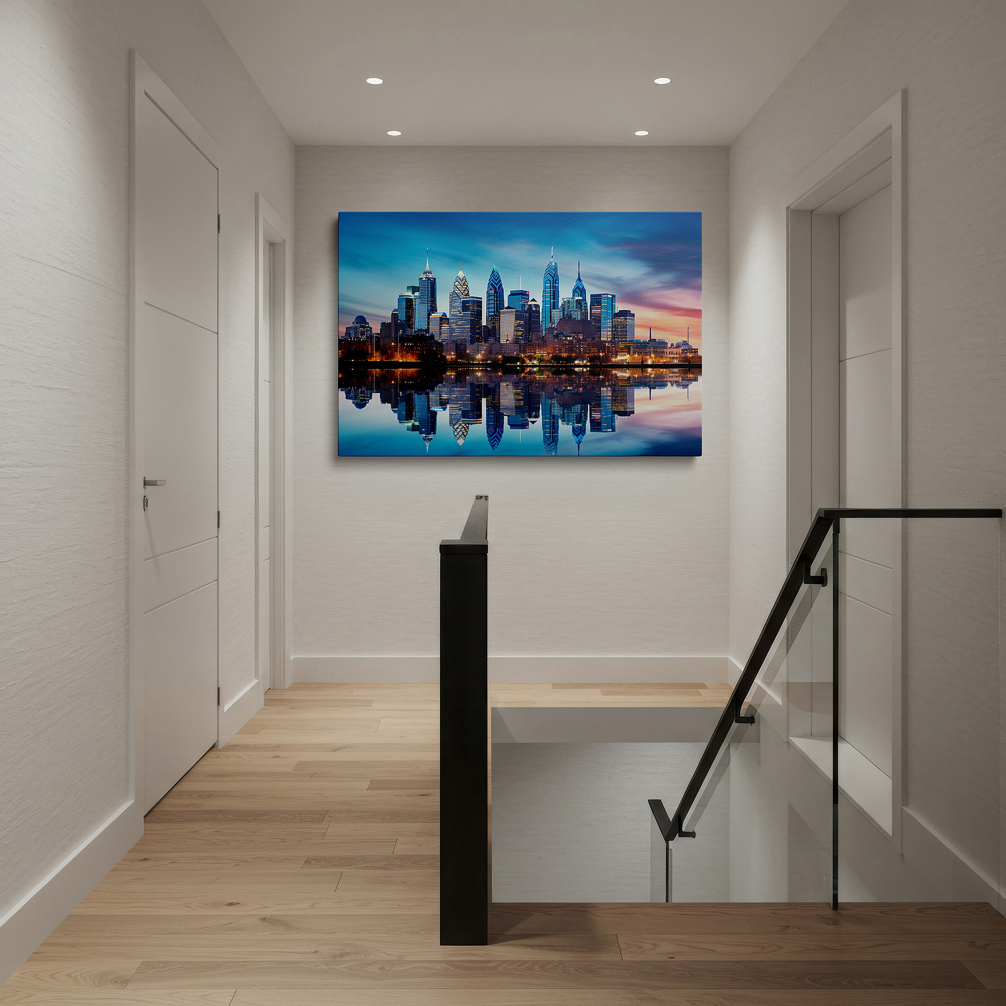 Set in a minimalist interior with textured walls and soft rugs — philadelphia skyline at dusk: capturing the serene grandeur of urban and natural beauty - large wall art, canvas, office decor