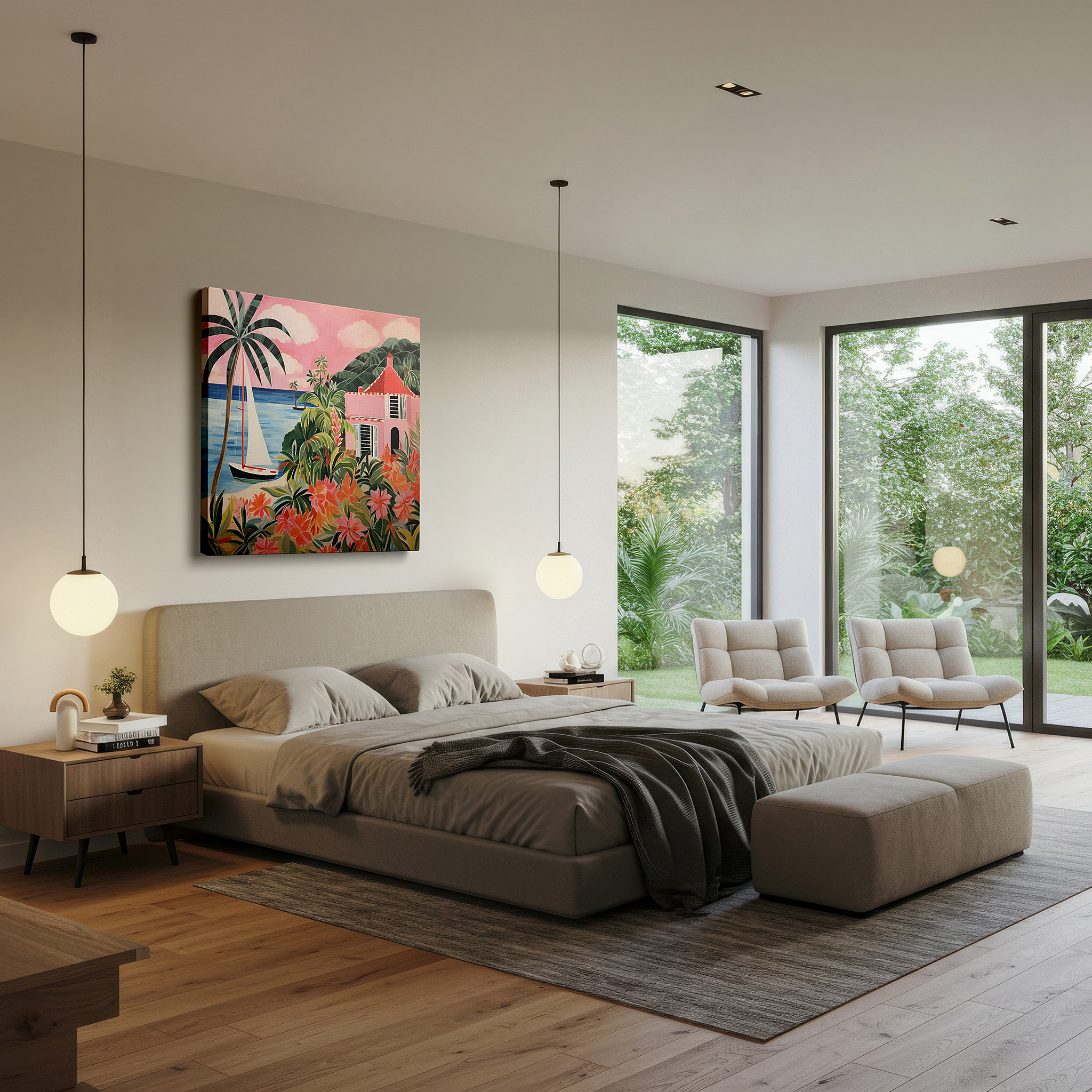 Set in a minimalist interior with textured walls and soft rugs — sailboat serenity in tropical paradise - tranquil escape with lush palms and sparkling seas - large wall art, canvas wall art, wall decor for office