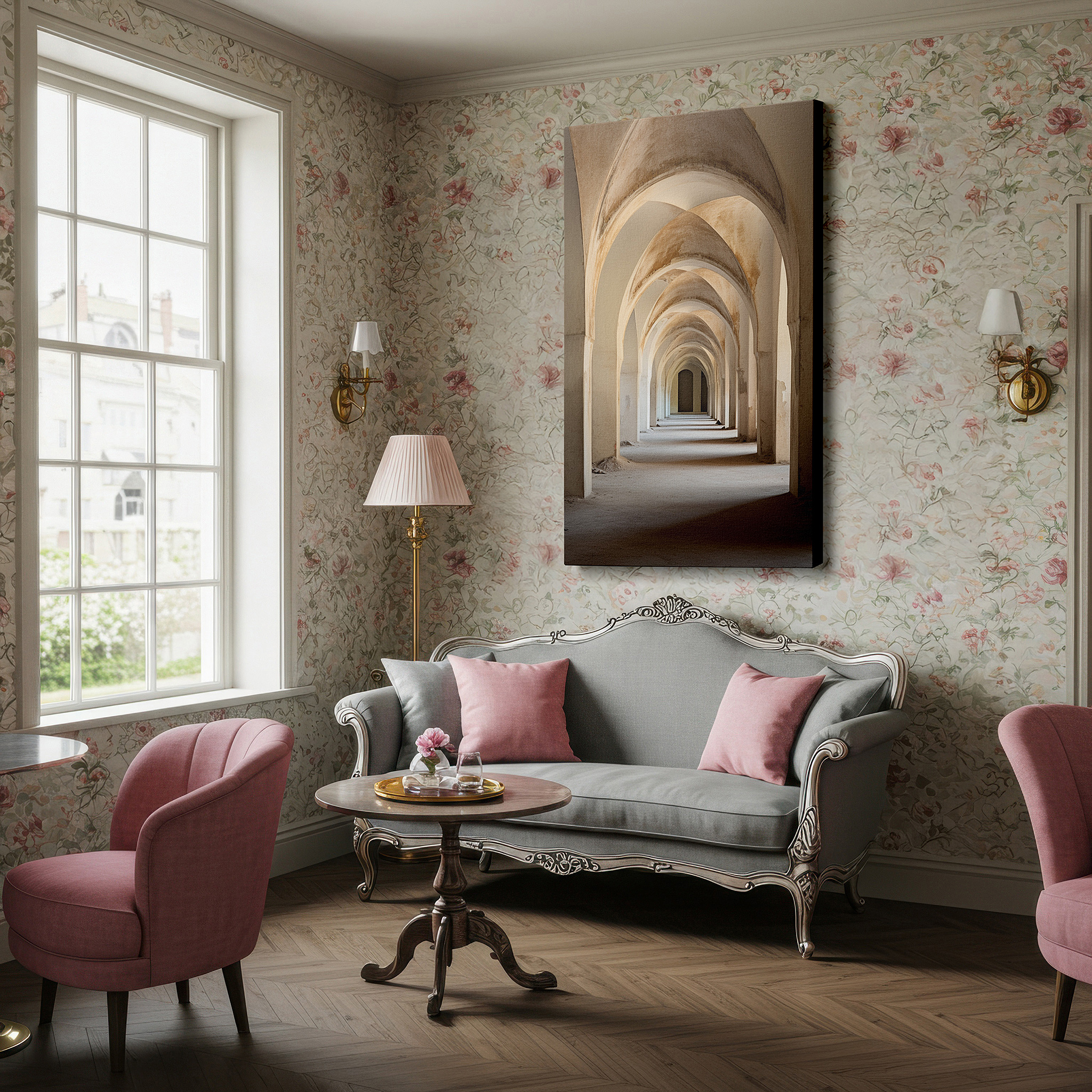 Set in a minimalist interior with textured walls and soft rugs — serene arches and cobblestones: a timeless journey in muted earth tones - large canvas wall art for office and bedroom decor