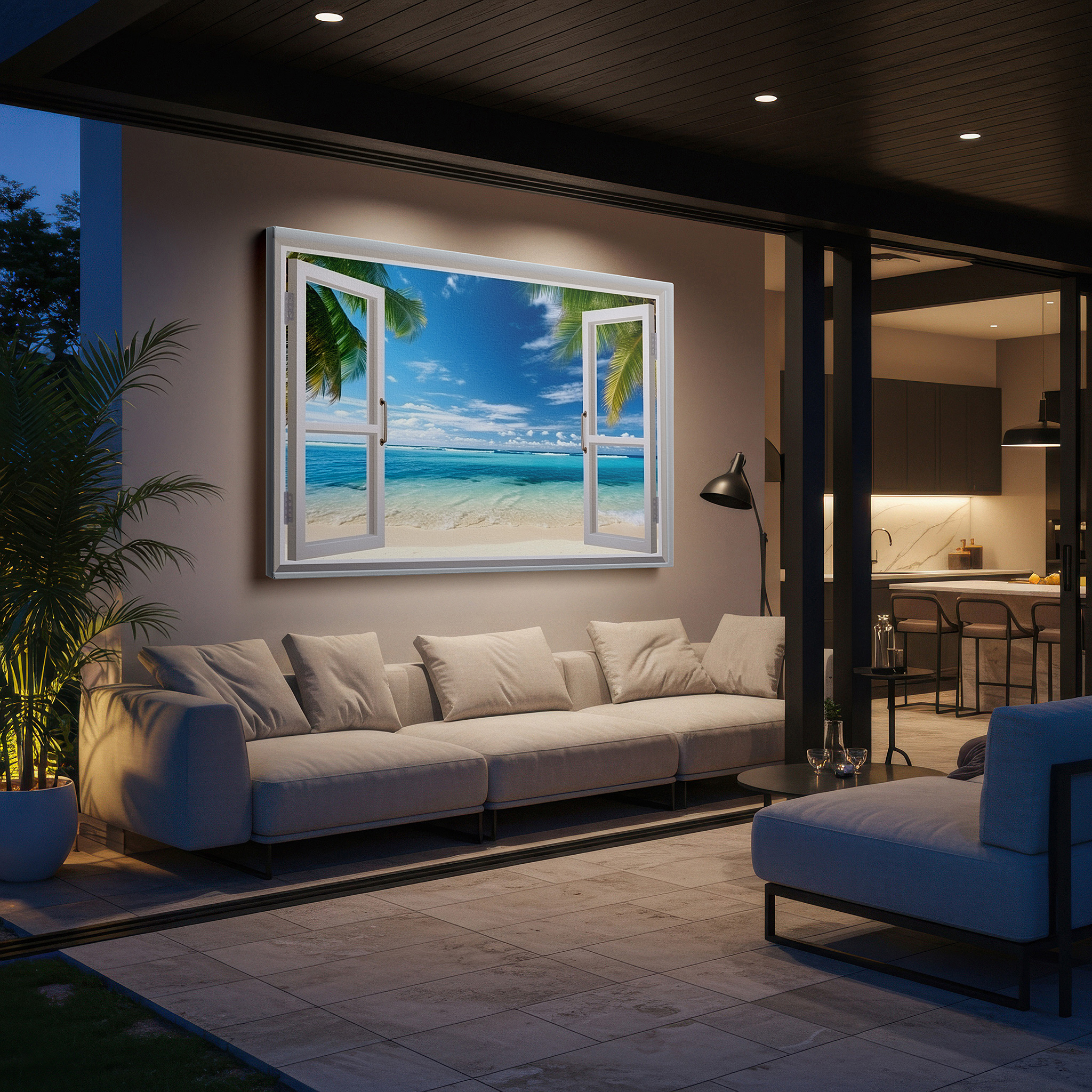 Set in a minimalist interior with textured walls and soft rugs — serene beachside escape viewed through open white windows - large canvas wall art for office, bedroom, and living room decor