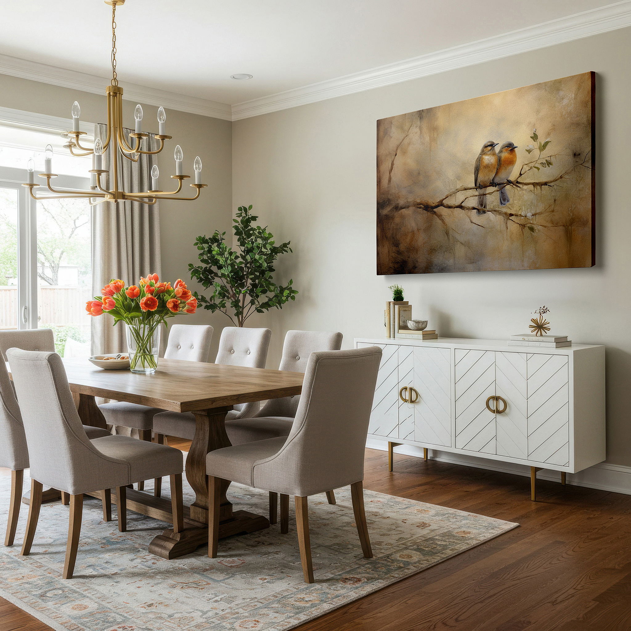 Set in a minimalist interior with textured walls and soft rugs — serene birds on a branch: a tranquil blend of nature and mysticism - large canvas wall art for office and bedroom decor
