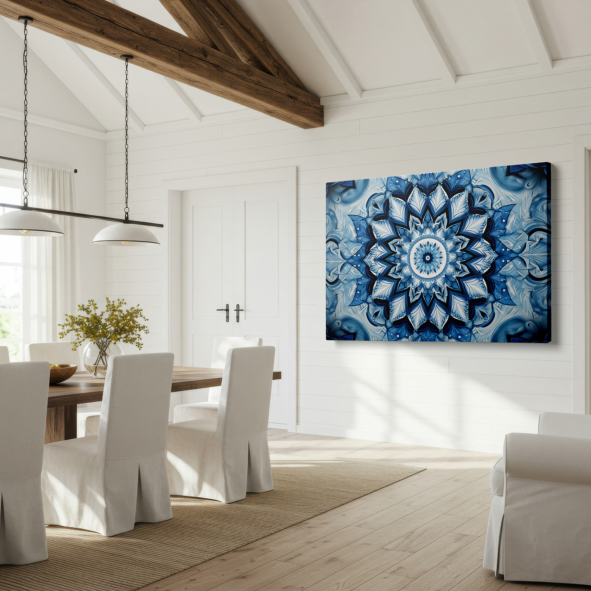 Set in a minimalist interior with textured walls and soft rugs — serene blue and white mandala wall art for meditation and reflection - large canvas decor for office, bedroom, and living spaces