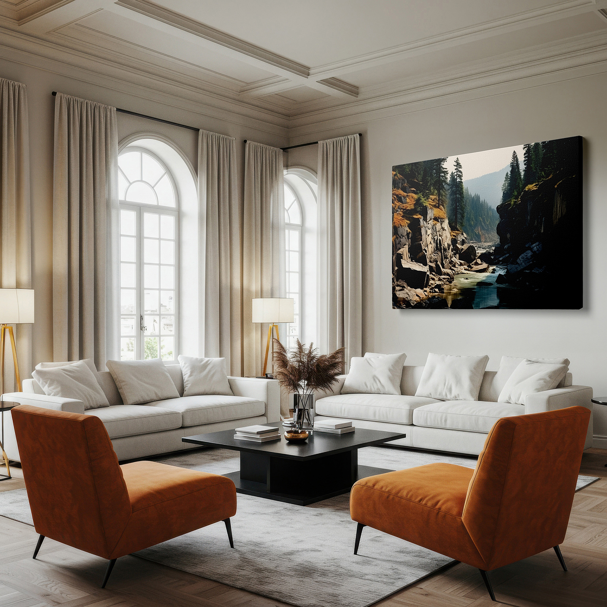 Set in a minimalist interior with textured walls and soft rugs — serene canyon and river landscape large canvas wall art for office and bedroom decor