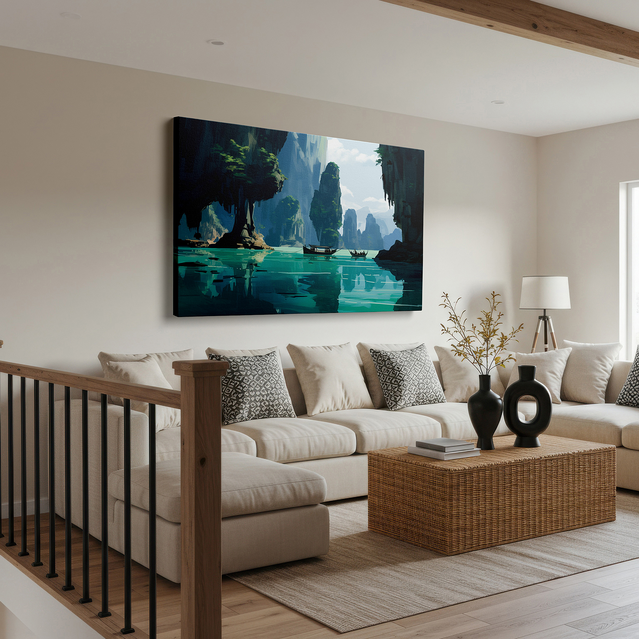 Set in a minimalist interior with textured walls and soft rugs — serene lake and misty mountains: majestic and tranquil landscape large wall art, canvas wall art, wall decor for office