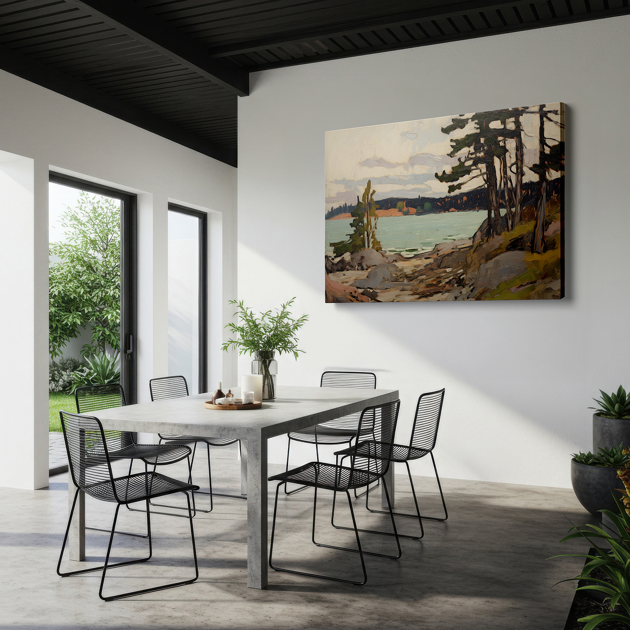 Set in a minimalist interior with textured walls and soft rugs — serene lakeside reflections in soft dawn hues, tranquil masterpiece for peaceful contemplation - large wall art, canvas wall art, wall decor