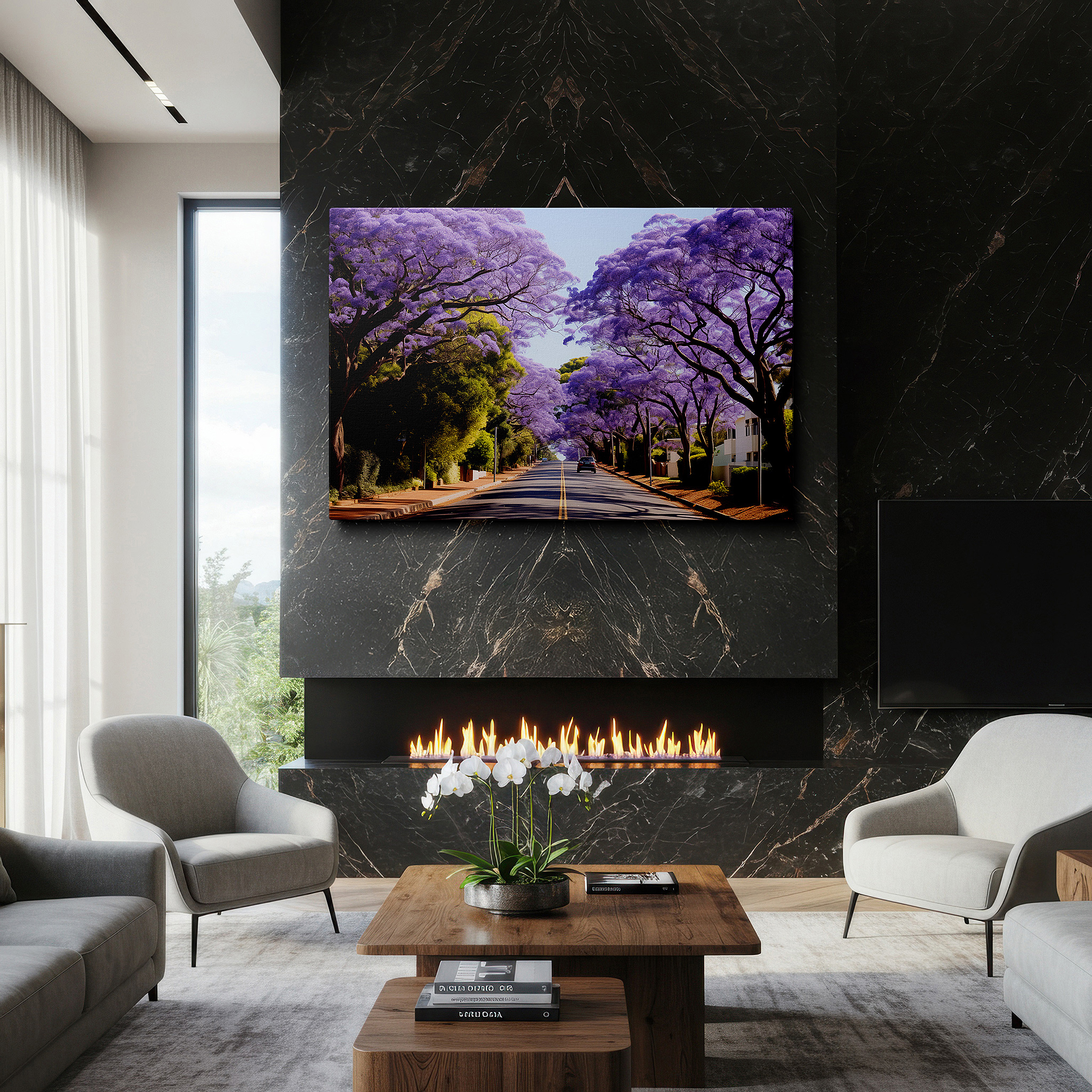 Set in a minimalist interior with textured walls and soft rugs — serene street adorned with majestic jacaranda trees in bloom, featuring vibrant purple and lush greenery, large canvas wall art