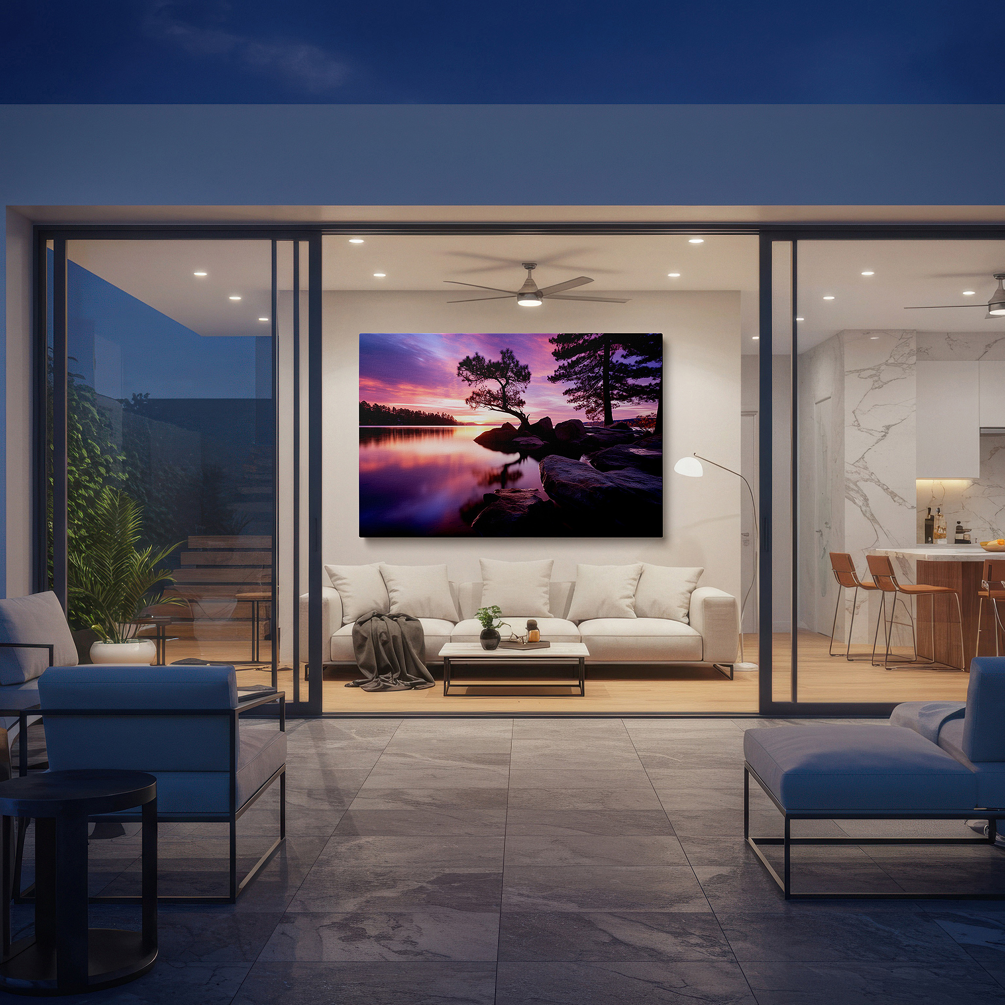 Set in a minimalist interior with textured walls and soft rugs — serene sunset over tranquil lake: a vivid symphony of fiery hues and peaceful reflections - large canvas wall art for office decor