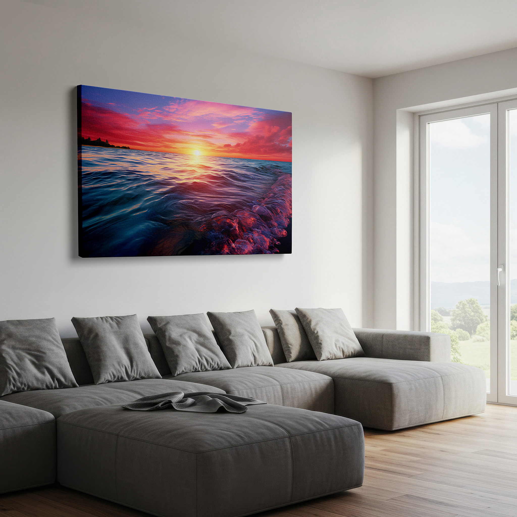 Set in a minimalist interior with textured walls and soft rugs — serene sunset over tranquil seascape: a symphony of fiery oranges and calming blues - large canvas wall art for office decor