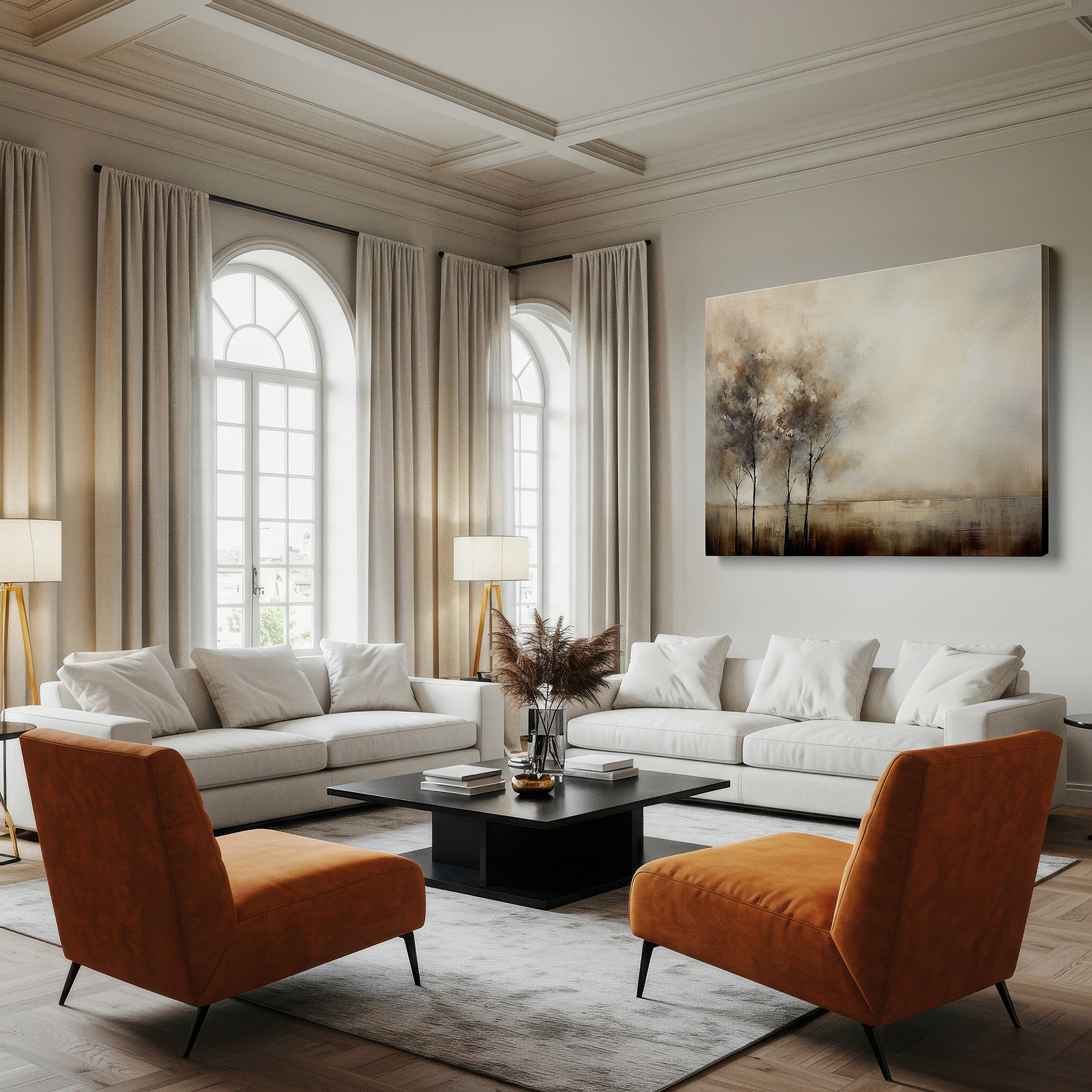 Set in a minimalist interior with textured walls and soft rugs — serene trees in earth tones: a symbol of strength and tranquility - large wall art for any space, including canvas wall art for offices and bedrooms