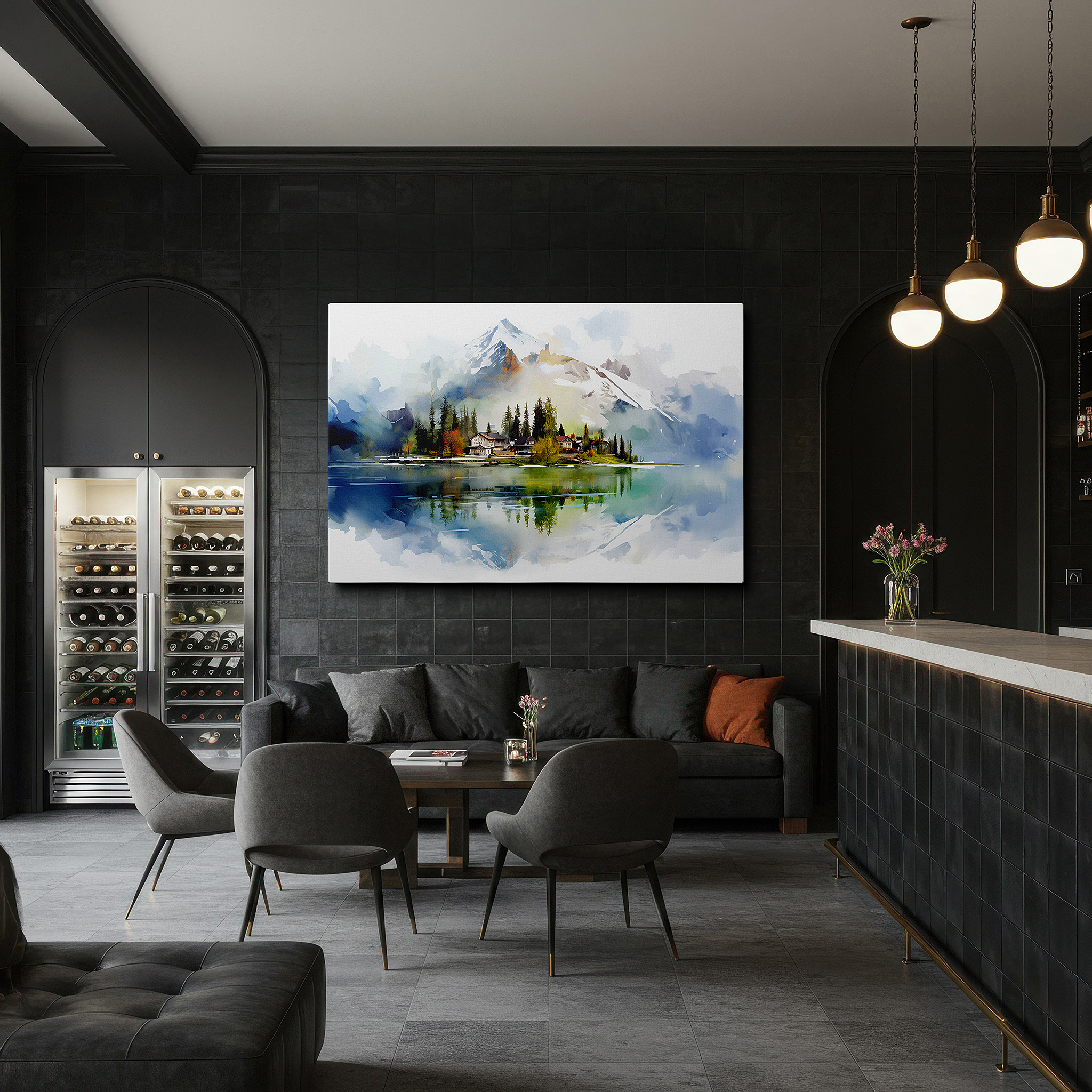 Set in a minimalist interior with textured walls and soft rugs — serene village by the lake - large canvas wall art depicting a tranquil natural reflection, perfect for office or bedroom decor