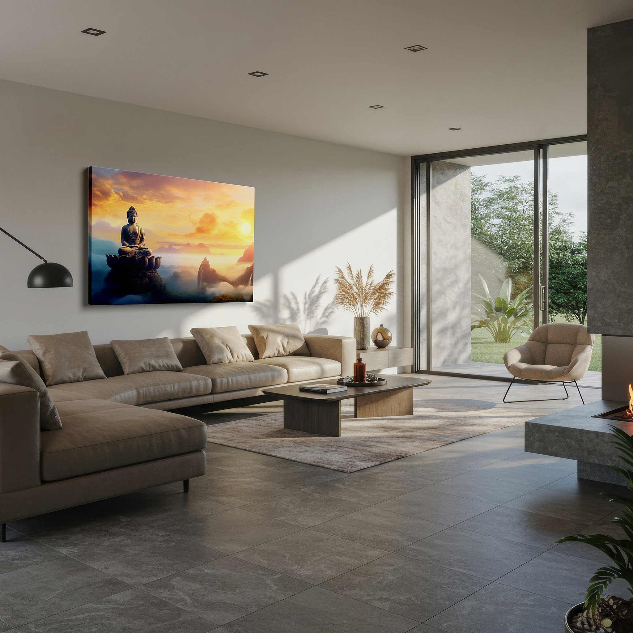 Set in a minimalist interior with textured walls and soft rugs — serenity and majesty - buddha at dawn amidst misty mountains: large canvas wall art for office, bedroom, and living room decor
