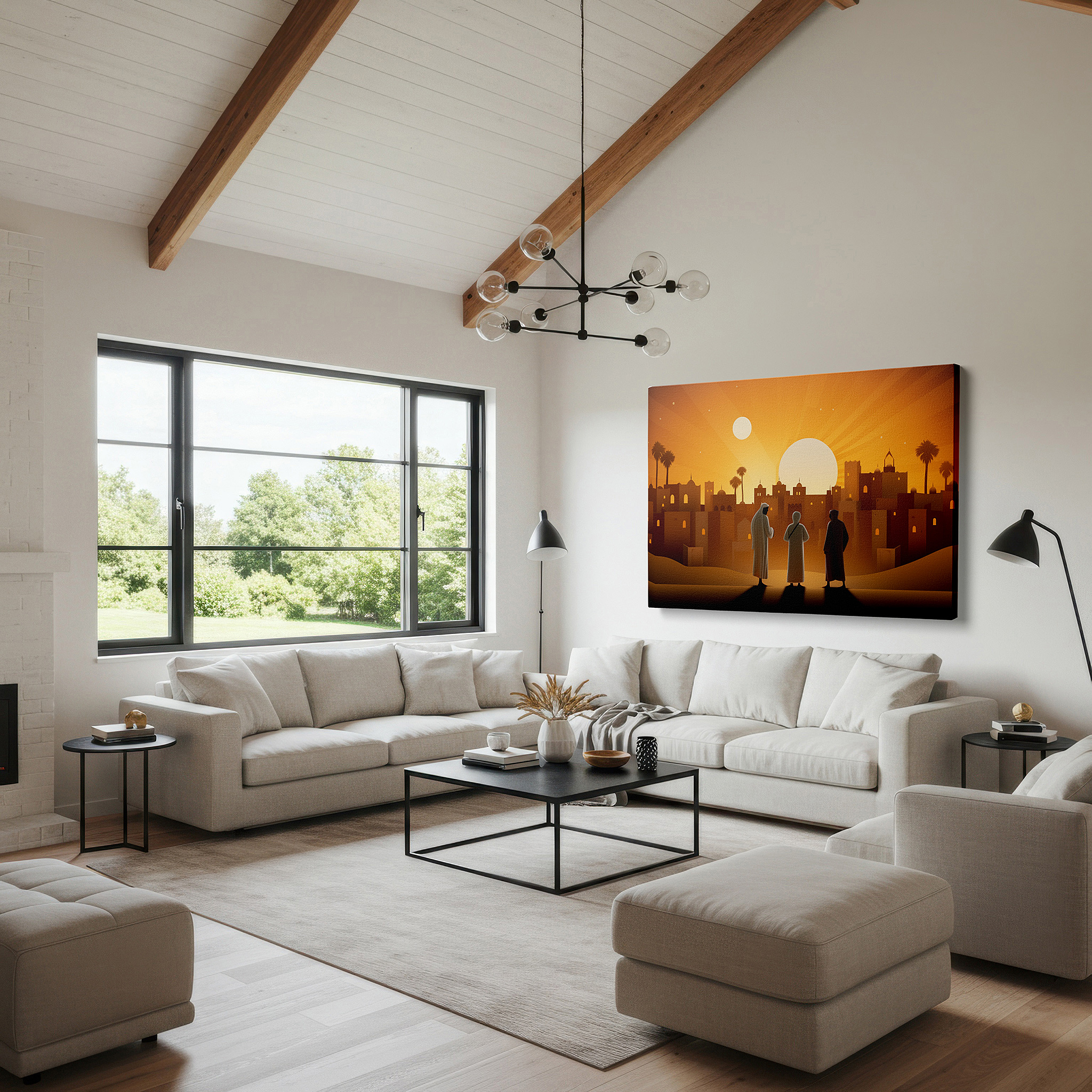 Set in a minimalist interior with textured walls and soft rugs — silhouetted figures gazing at an ancient city at sunset: a mysterious and historical tapestry - large canvas wall art for home and office decor