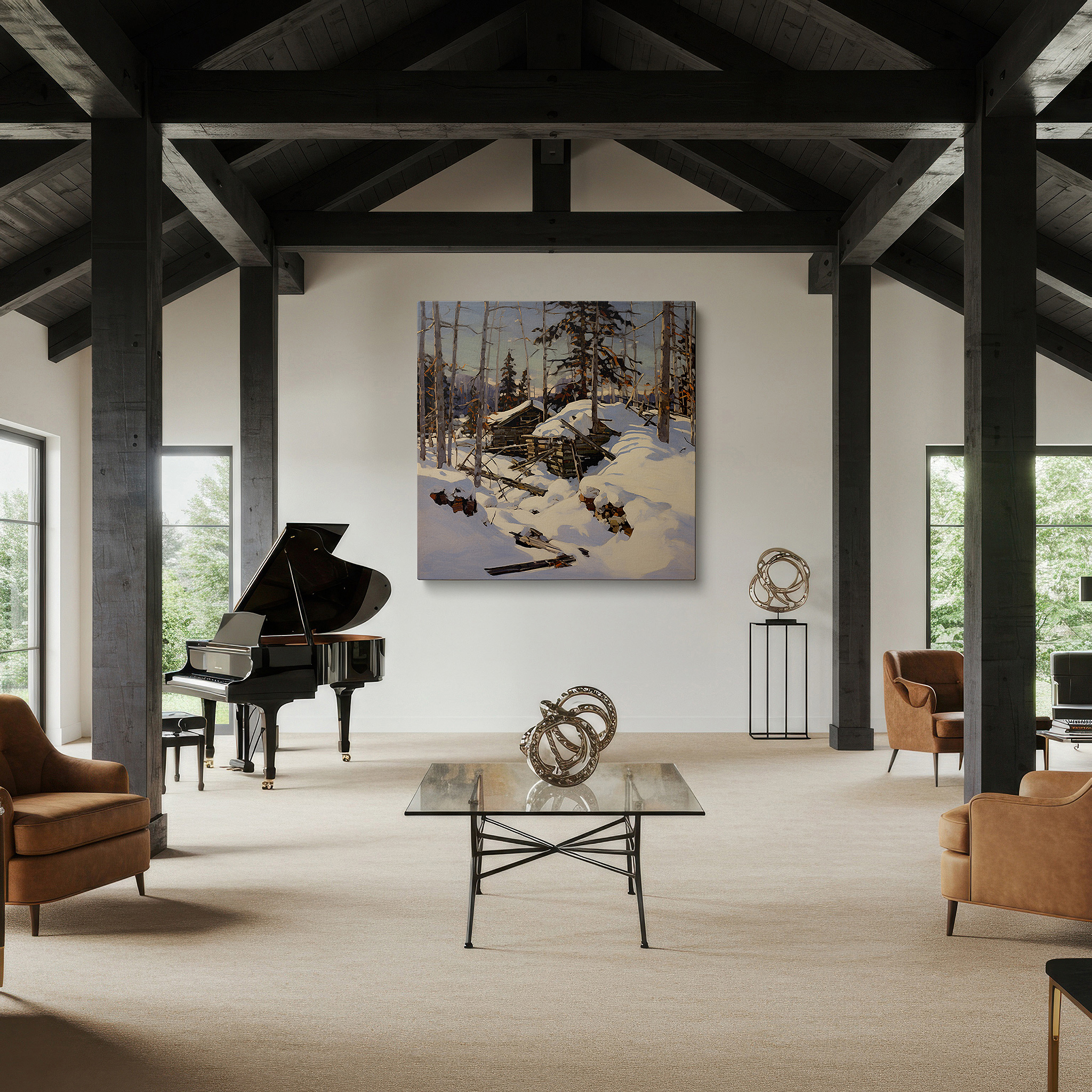 Set in a minimalist interior with textured walls and soft rugs — snow-covered cabins in a quiet forest - a mysterious winter scene of desertion and nature's endurance, large wall art, canvas wall art, wall art
