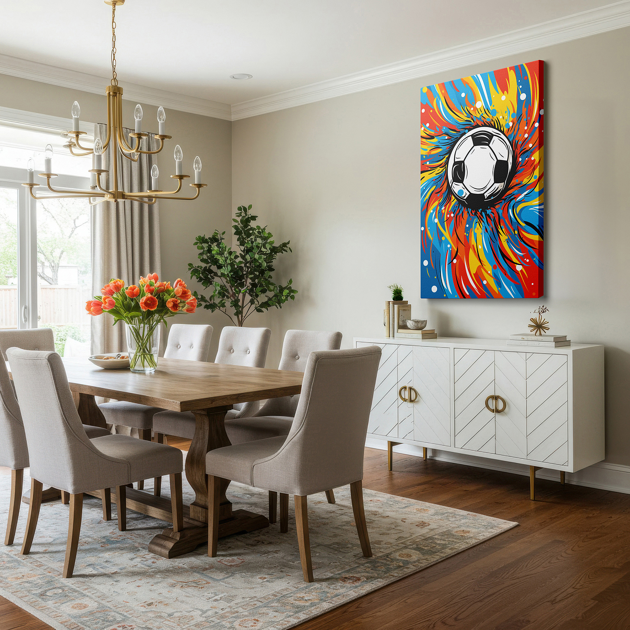 Set in a minimalist interior with textured walls and soft rugs — soccer-themed wall art: featuring dynamic swirls and vivid colors, perfect for office, bedroom, and living spaces