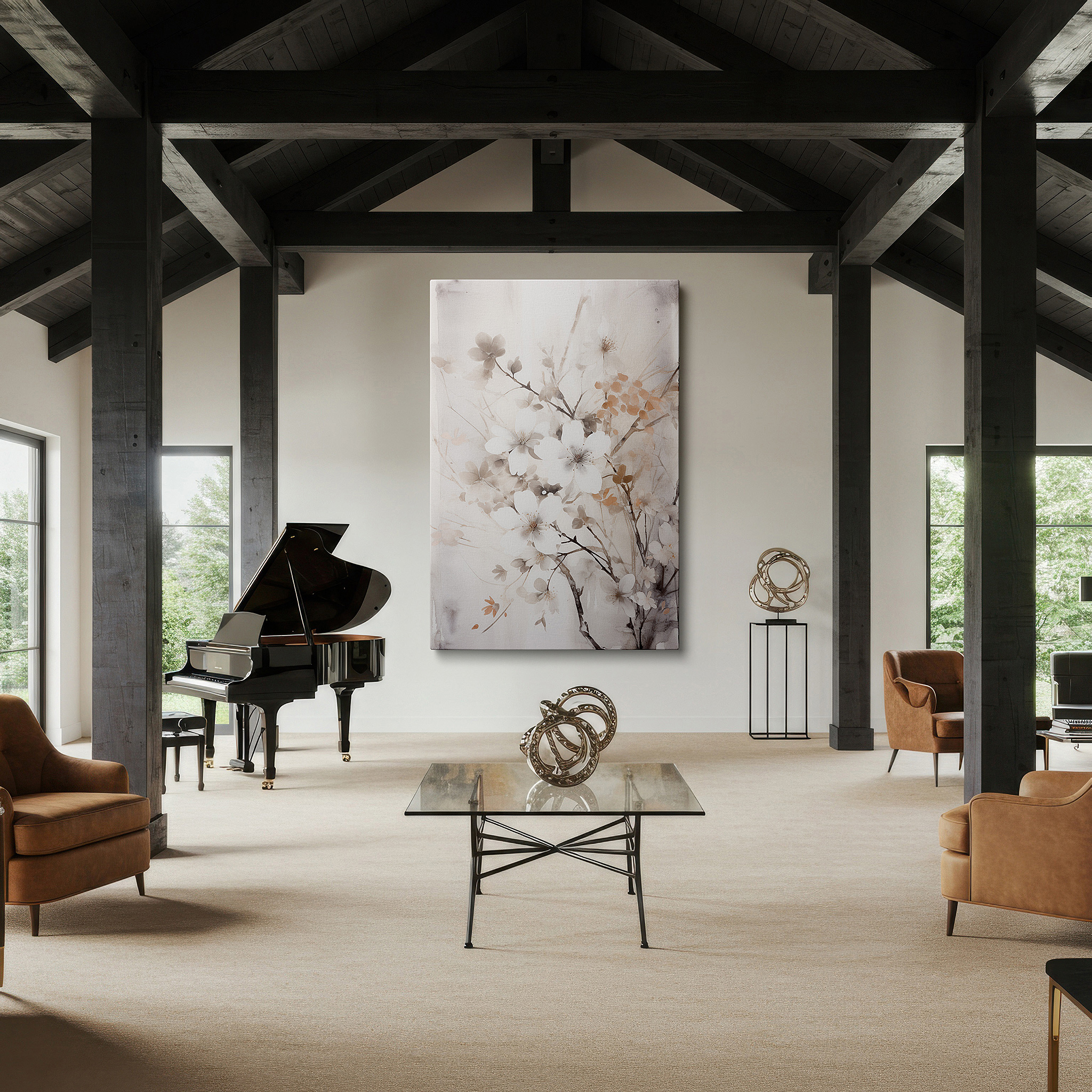 Set in a minimalist interior with textured walls and soft rugs — spring's gentle arrival: capturing nature's subtle beauty with pastel blossoms - large canvas wall art for office and bedroom decor