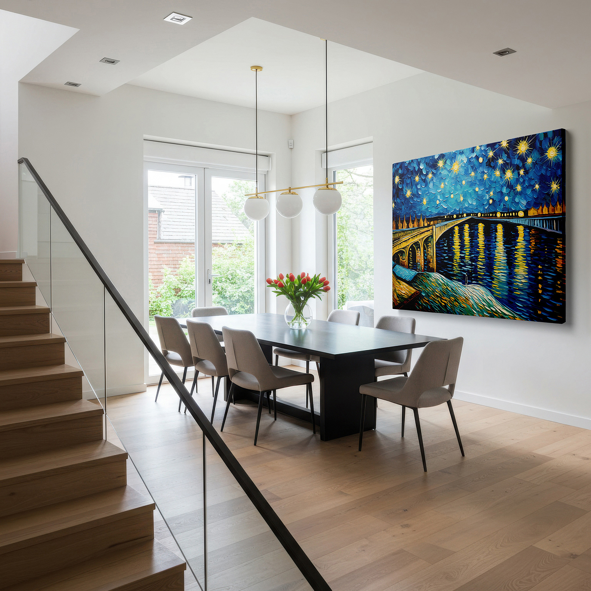 Set in a minimalist interior with textured walls and soft rugs — starry night over tranquil river with golden bridge lights - large canvas wall art for office, bedroom, and living room decor