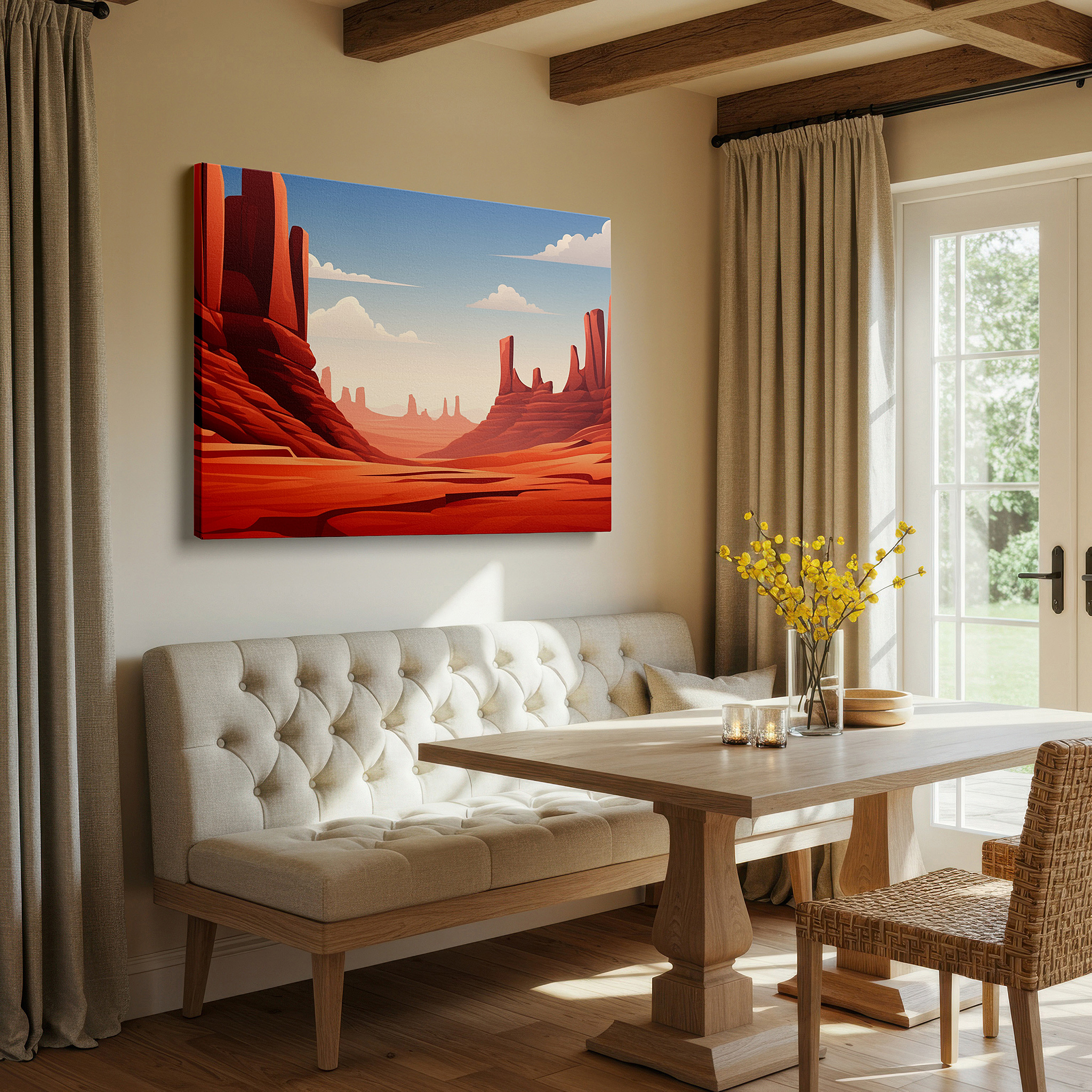 Set in a minimalist interior with textured walls and soft rugs — stunning southwest american desert scenery featuring classic red rock structures, large canvas wall art for home and office decor