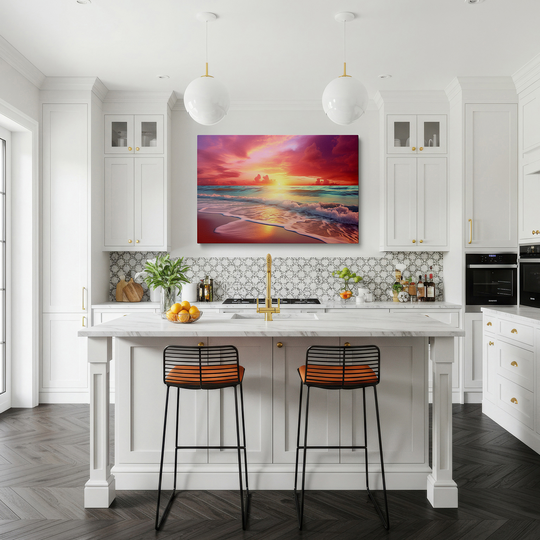 Set in a minimalist interior with textured walls and soft rugs — sunset over the ocean wall art: large canvas for home and office decor, ideal for living rooms and bedrooms