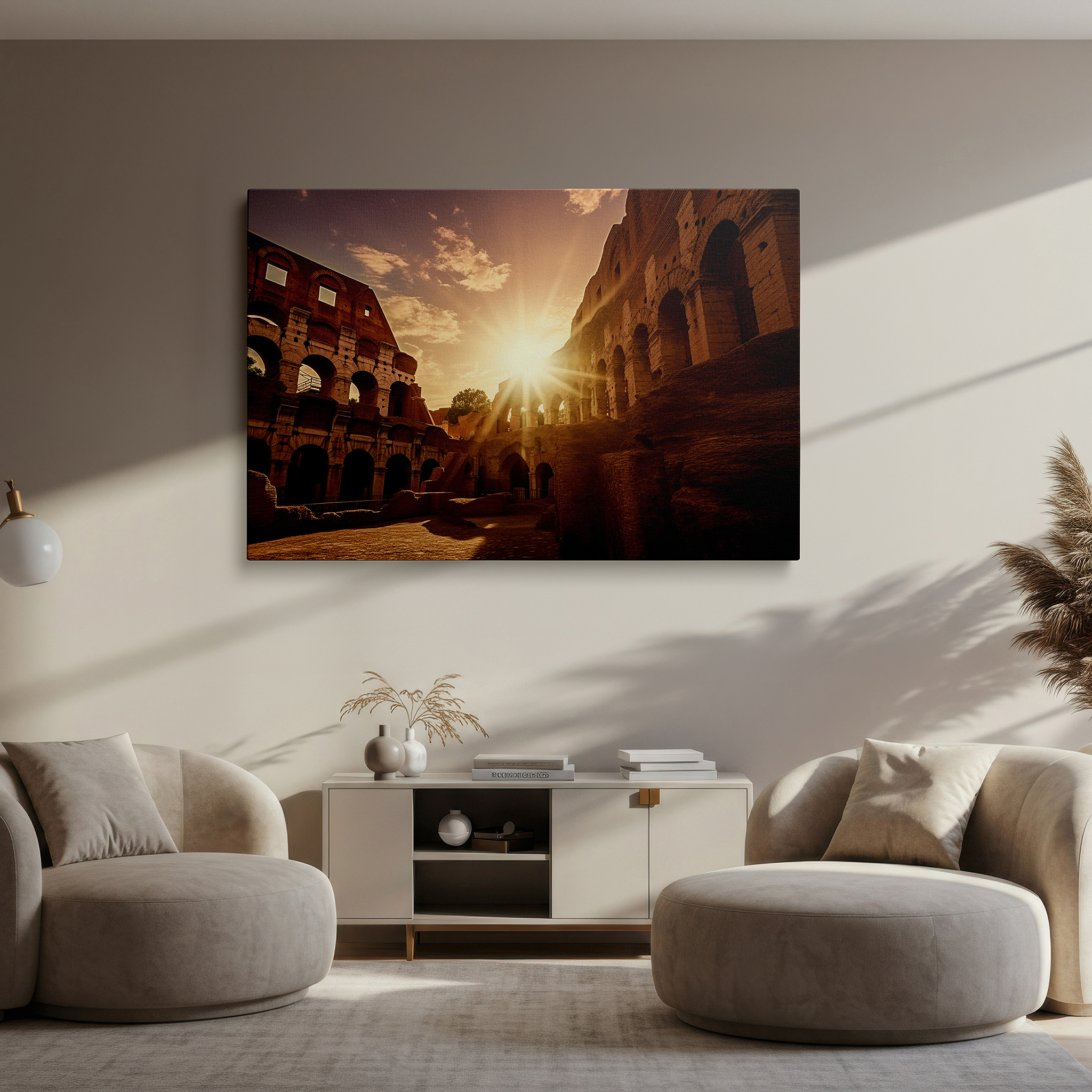 Set in a minimalist interior with textured walls and soft rugs — sunset at the roman colosseum - majestic historical warmth large wall art, canvas, decor for office and bedroom