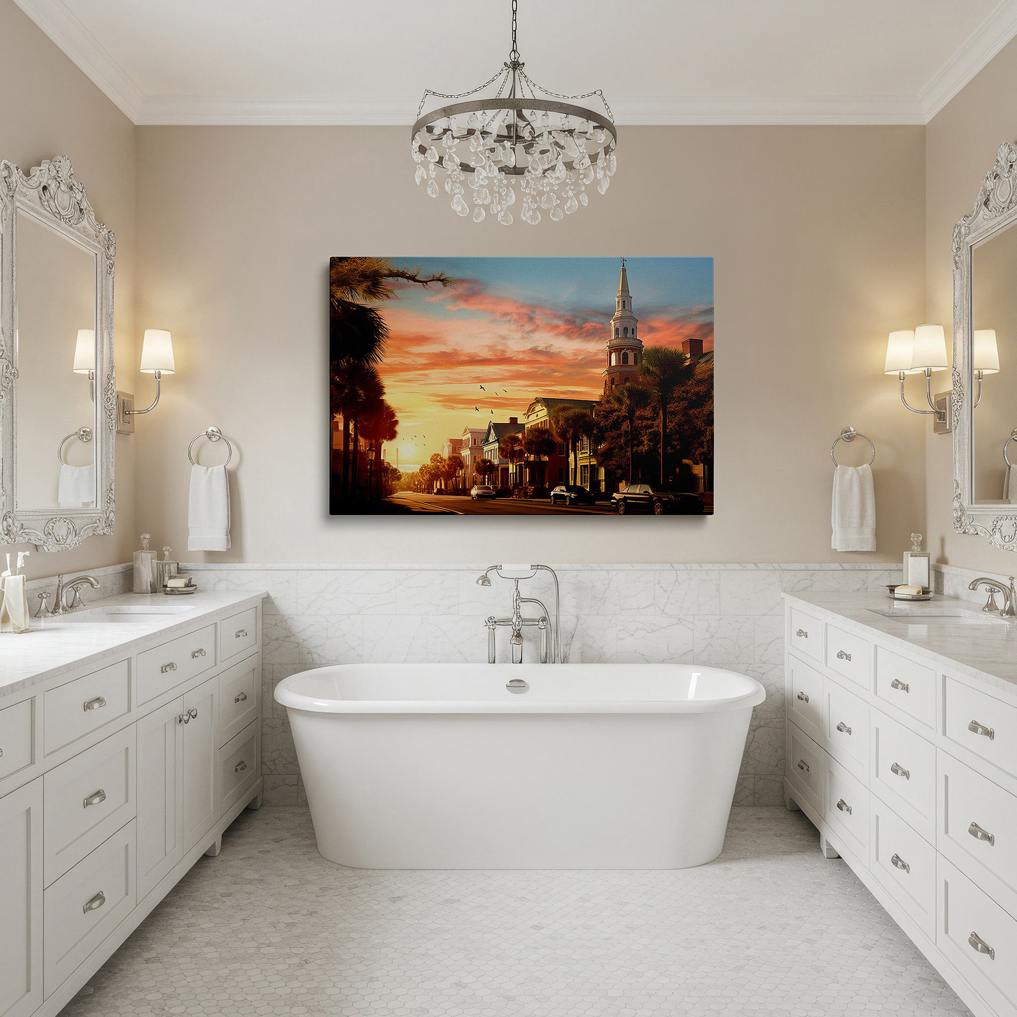 Set in a minimalist interior with textured walls and soft rugs — sunset serenade on a historic street: where classical architecture and nature's warm embrace meet - large wall art, canvas wall art, wall decor for office