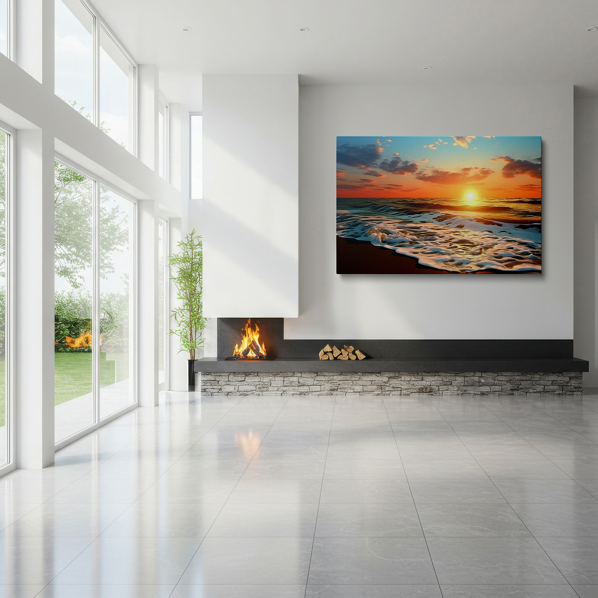 Set in a minimalist interior with textured walls and soft rugs — sunset serenity over the ocean - a peaceful mix of fiery skies and soothing waves large wall art, canvas wall art, wall decor, office wall art