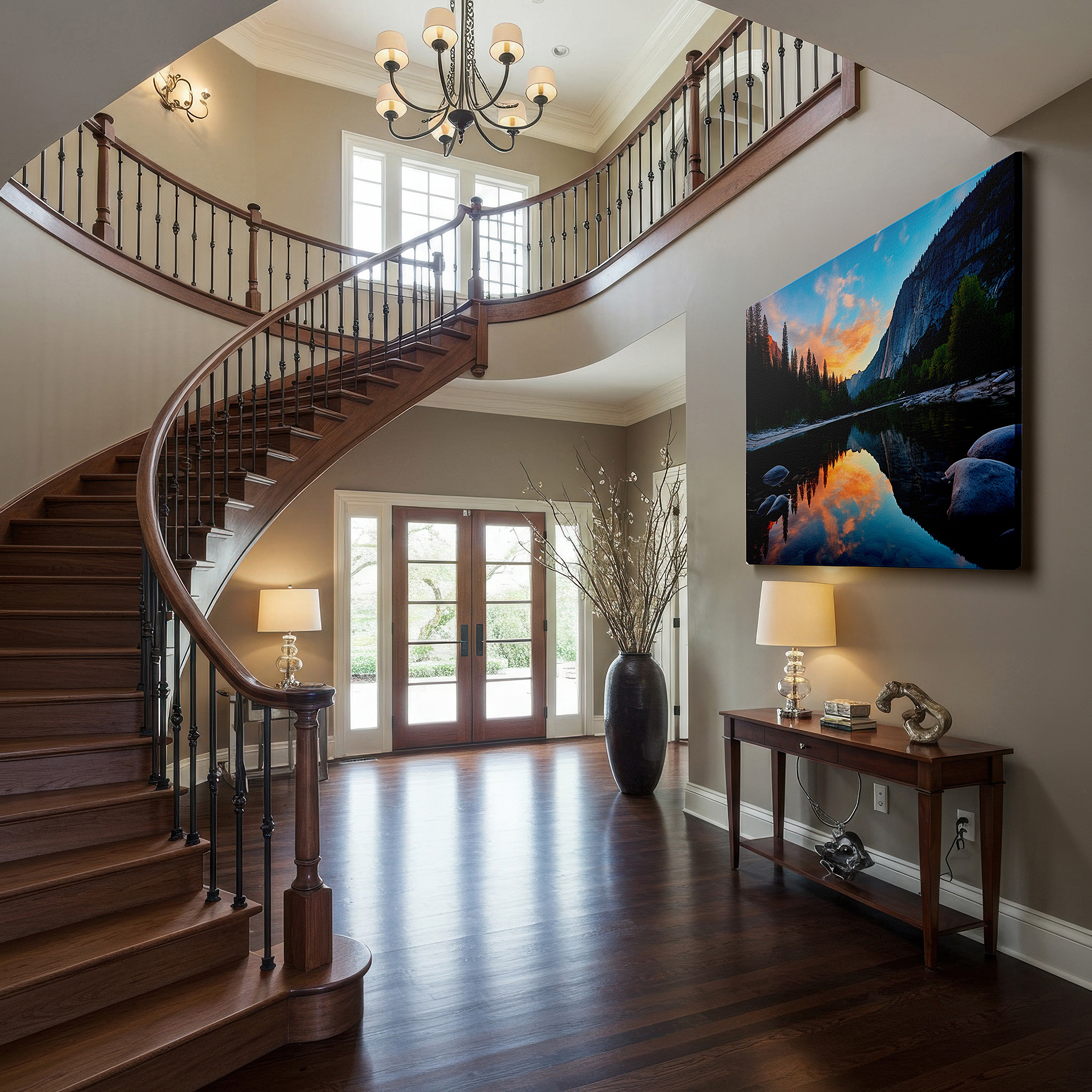 Set in a minimalist interior with textured walls and soft rugs — sunset serenity over tranquil mountain lake: large canvas wall art depicting nature's peaceful grandeur for home and office decor
