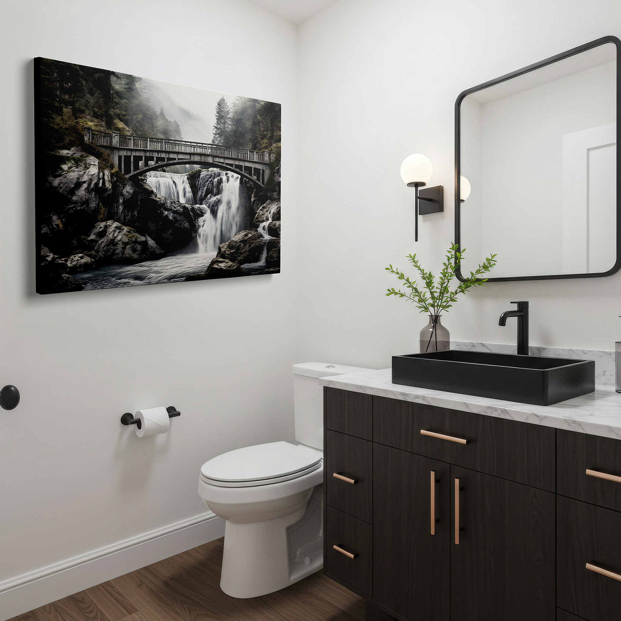 Set in a minimalist interior with textured walls and soft rugs — timeless bridge and waterfall canvas print - enchanted forest scene for home and office decor, large wall art for living room and bedroom