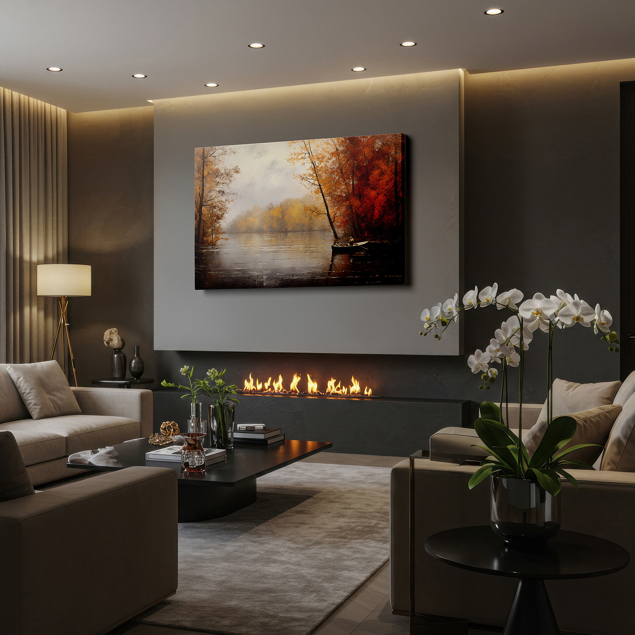 Set in a minimalist interior with textured walls and soft rugs — tranquil autumn lake wall art: reflective waters and fiery foliage - large canvas for home and office decor, perfect for living rooms and bedrooms