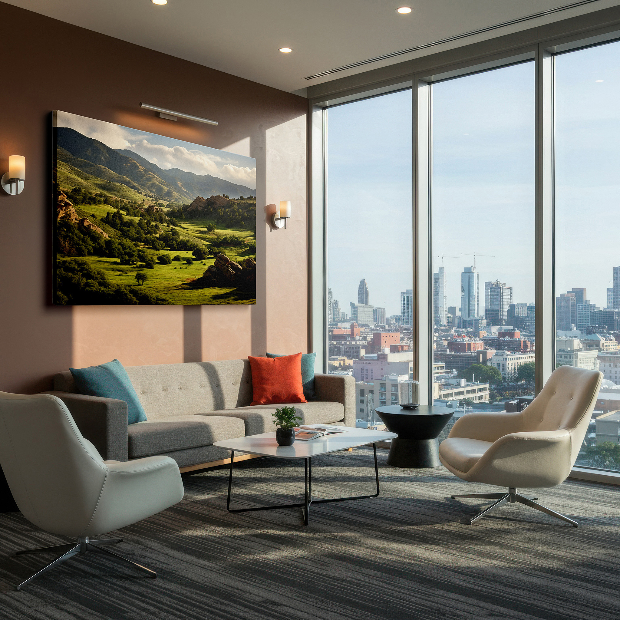 Set in a minimalist interior with textured walls and soft rugs — tranquil evening embrace: golden rays and verdant valleys with dramatic outcrops - large canvas wall art for office and bedroom decor
