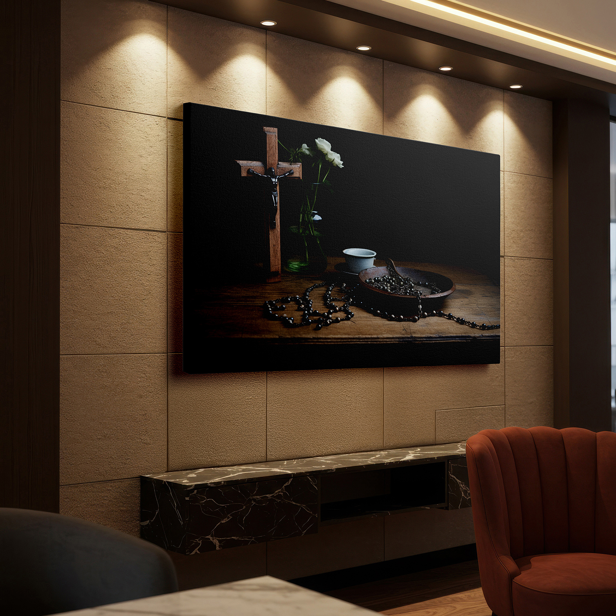Set in a minimalist interior with textured walls and soft rugs — tranquil faith reflections: large canvas wall art featuring a wooden cross and silver rosary with white flowers, ideal for office wall decor