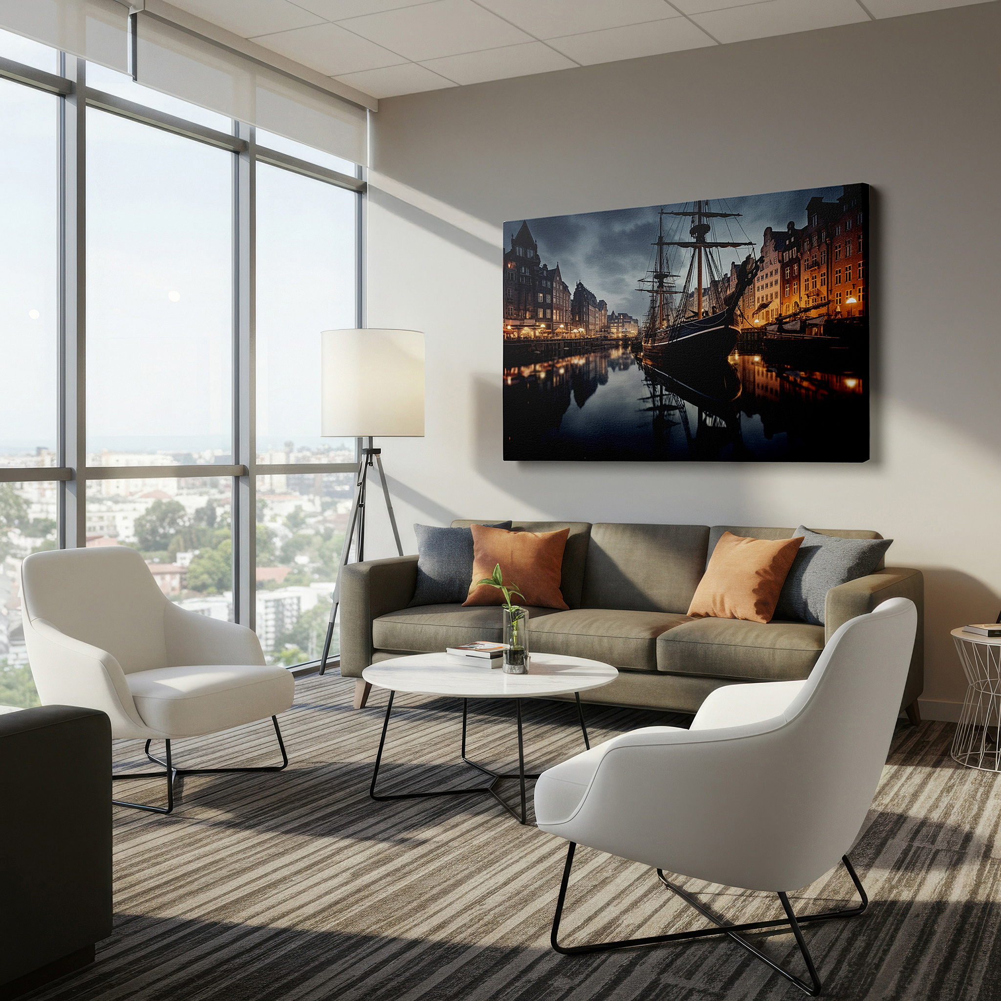 Set in a minimalist interior with textured walls and soft rugs — tranquil harbor at dusk: majestic ship and historical elegance - large canvas wall art for office, bedroom, and living room decor