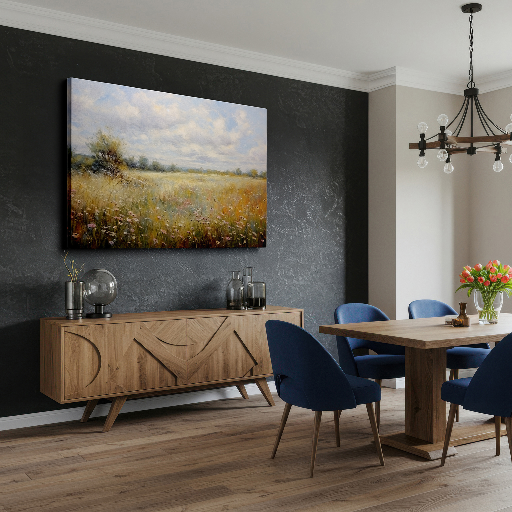 Set in a minimalist interior with textured walls and soft rugs — tranquil meadow with vibrant wildflowers bathed in sunlight large wall art, canvas wall art, wall decor for office, bedroom, and living room