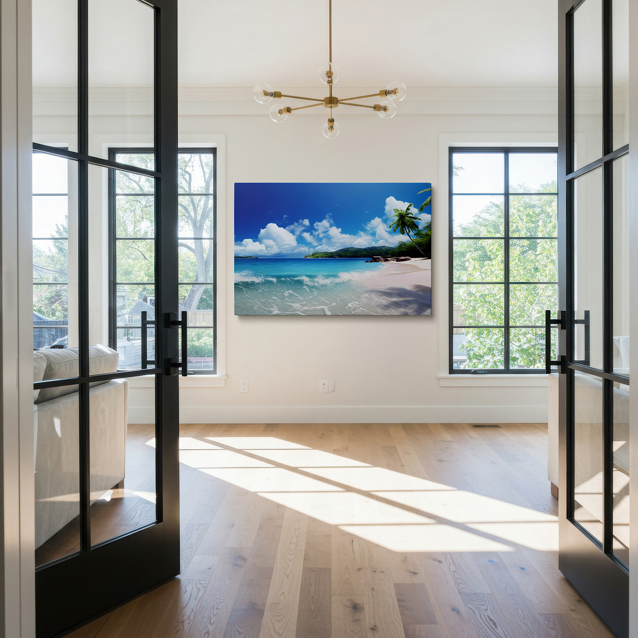 Set in a minimalist interior with textured walls and soft rugs — tropical serenity: large wall art featuring turquoise waters and white sands for office and bedroom decor