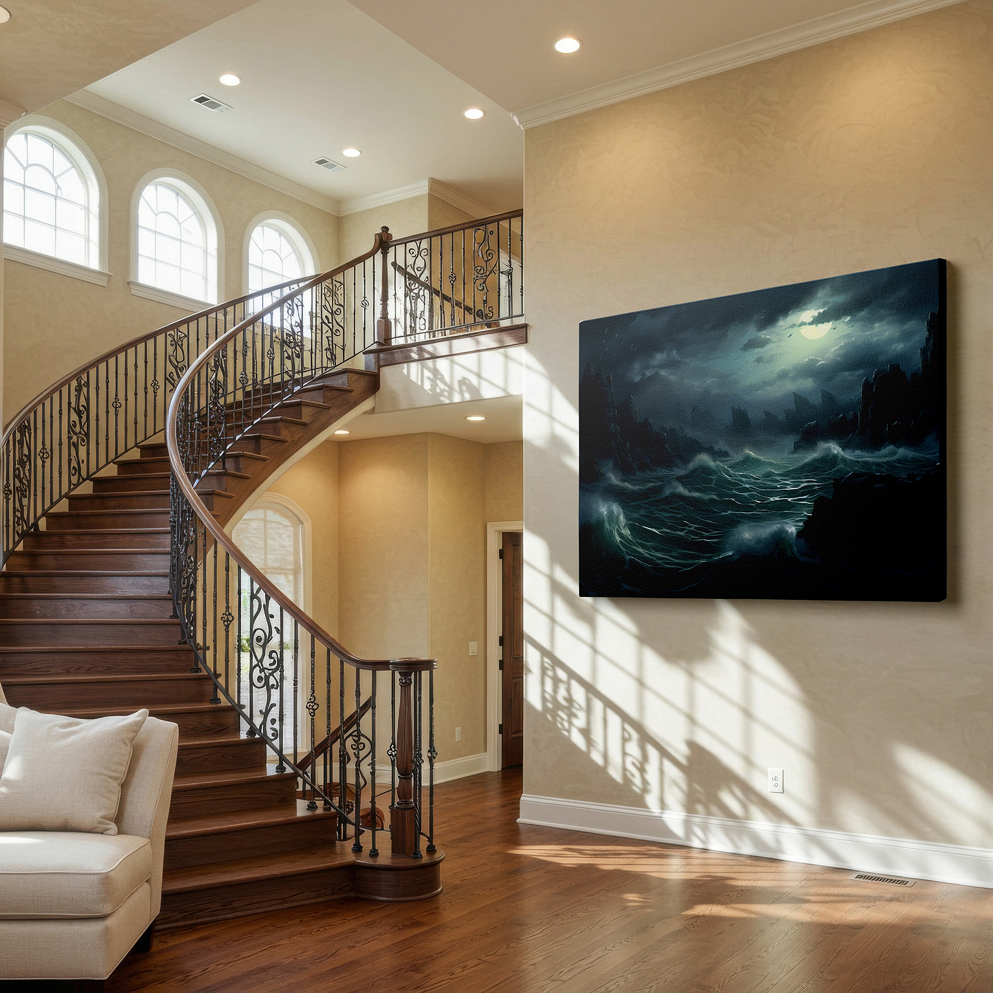 Set in a minimalist interior with textured walls and soft rugs — turbulent seascape with rugged cliffs and stormy sky large wall art, canvas wall art, wall decor for office
