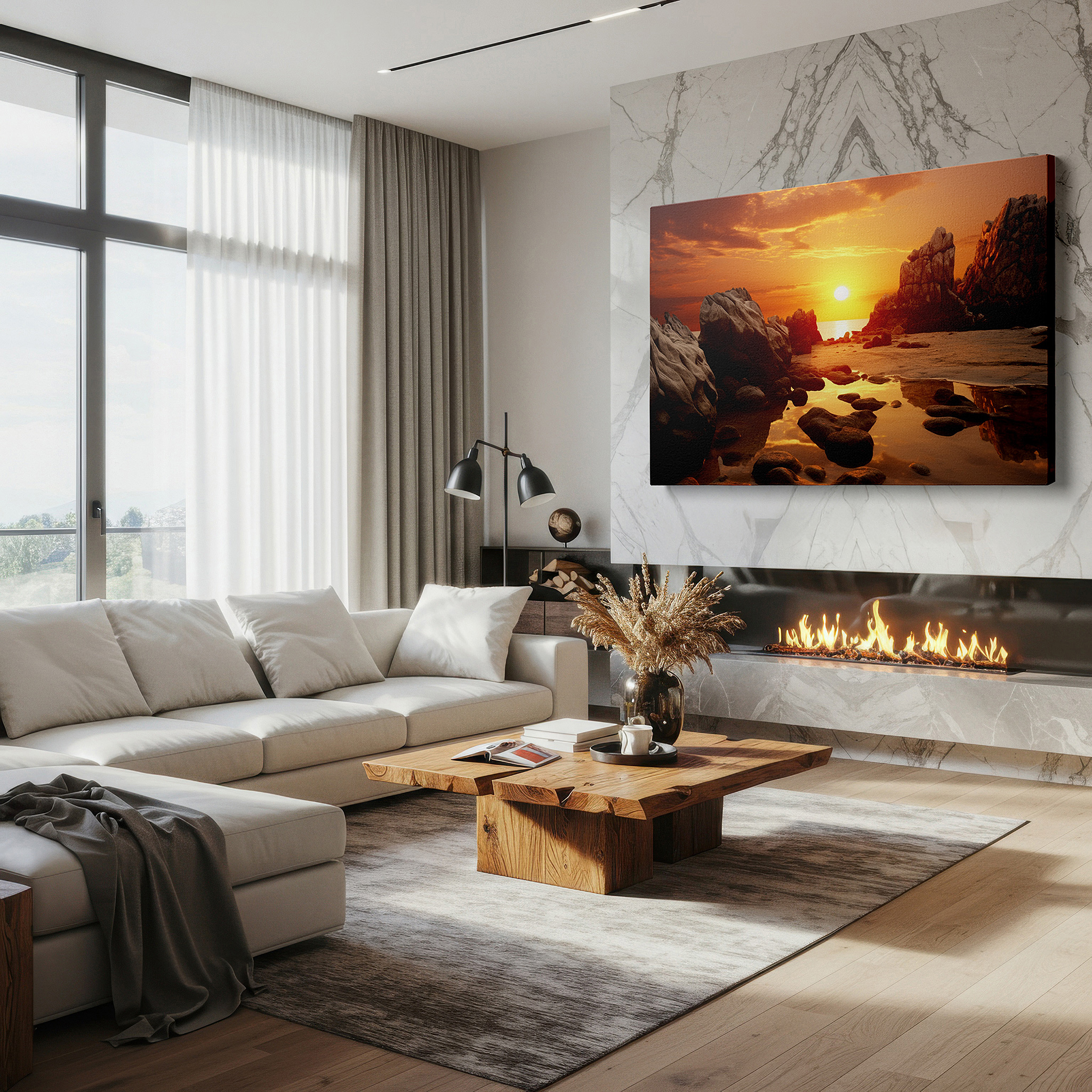 Set in a minimalist interior with textured walls and soft rugs — twilight beach scene with vibrant sunset reflections and serene waters large wall art, canvas wall art, wall decor for office