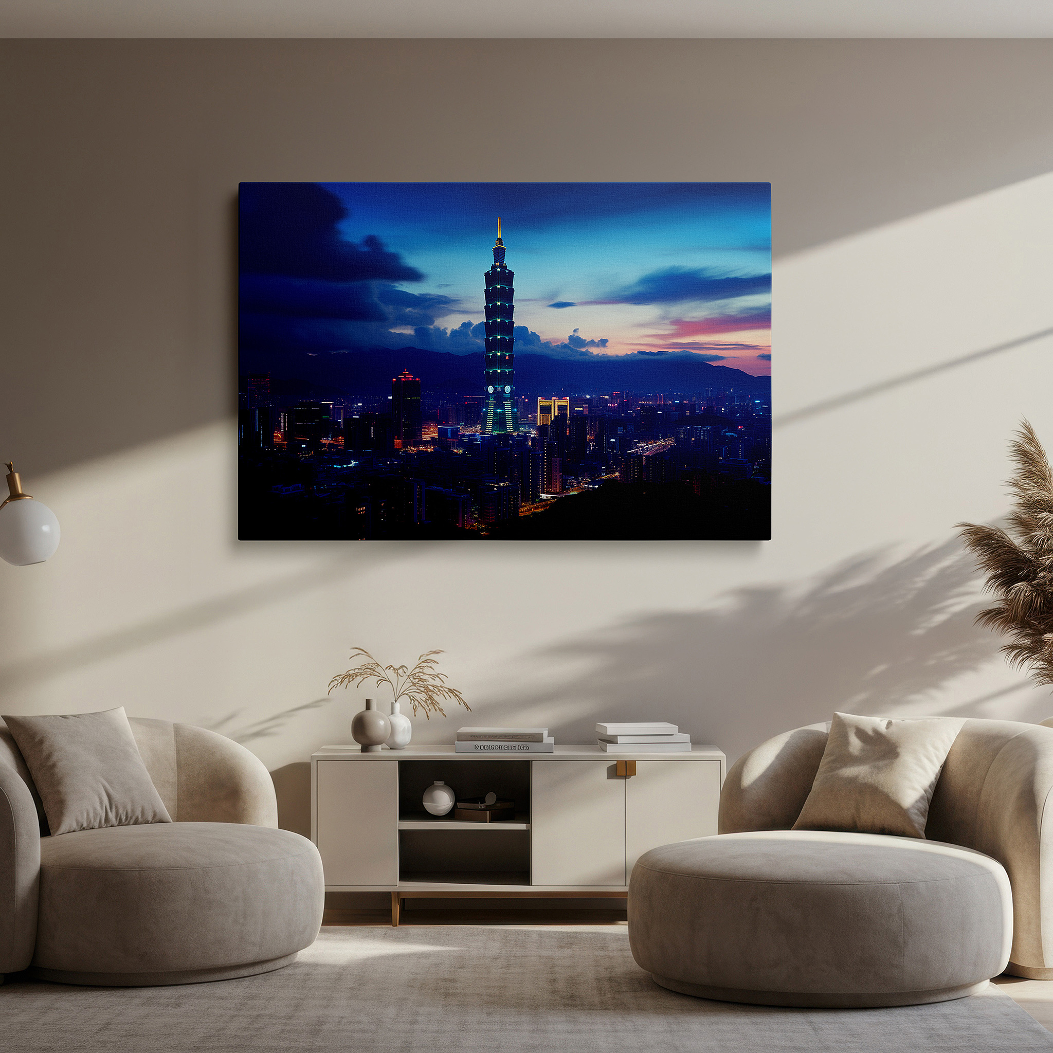 Set in a minimalist interior with textured walls and soft rugs — twilight majesty over taipei 101 - clouds and city lights dance large wall art, canvas wall art, wall decor for office and bedroom