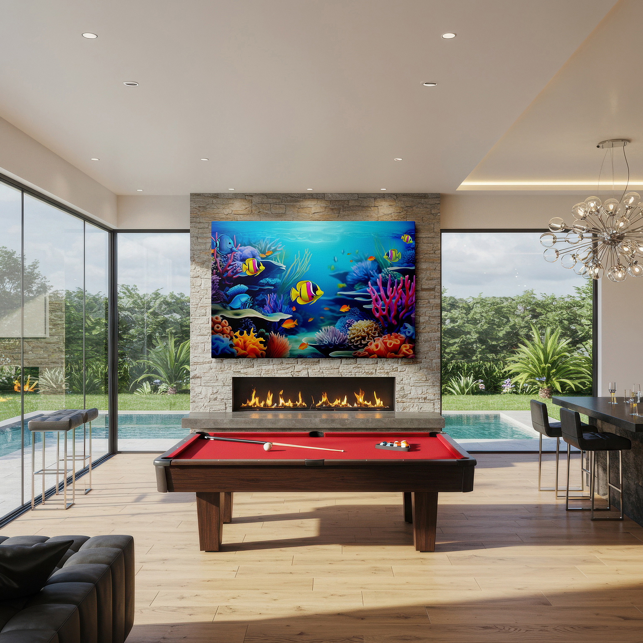 Set in a minimalist interior with textured walls and soft rugs — underwater paradise: vibrant coral reef and tropical fish large canvas wall art for home and office decor
