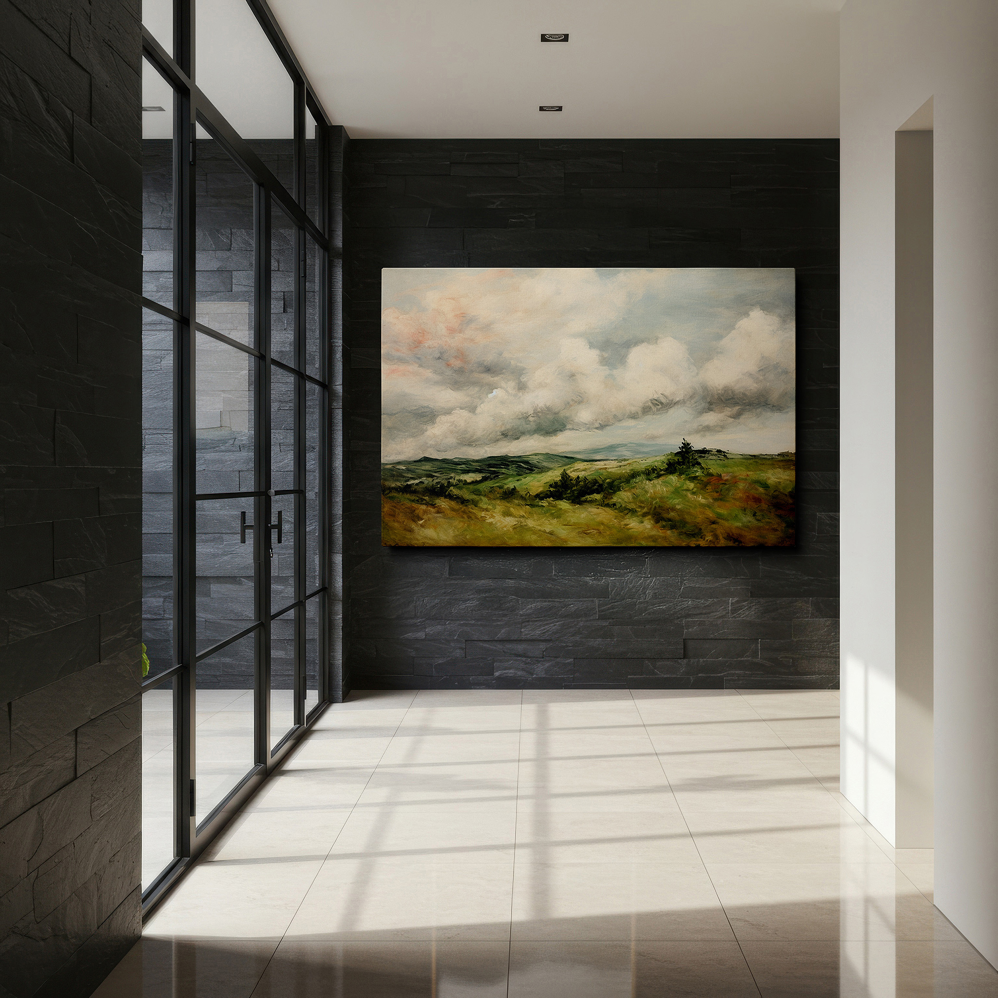 Set in a minimalist interior with textured walls and soft rugs — verdant hills and dynamic skies: a harmonious display of nature's splendor - large wall art, canvas wall art, wall decor for office